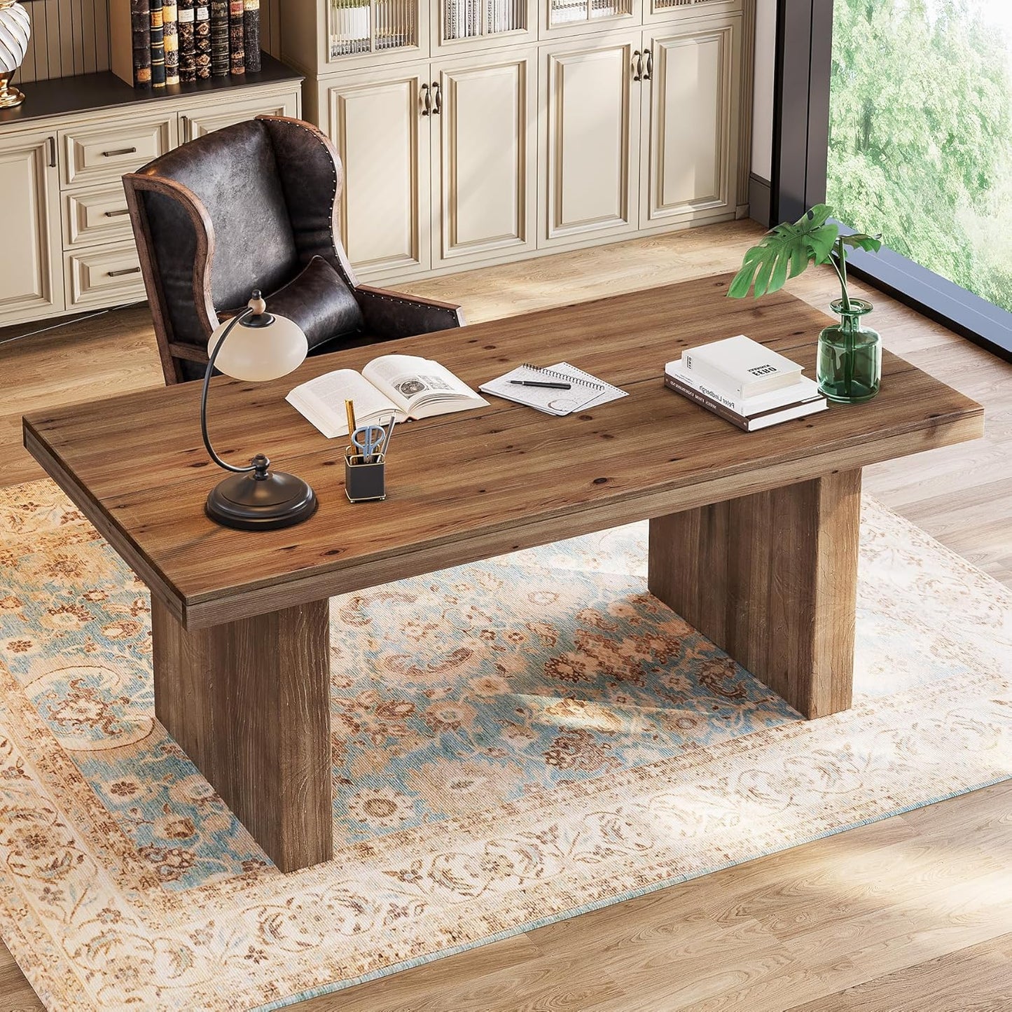 63" Solid Wood Home Office Desk, Farmhouse Large Executive Computer Desk with Sturdy Wooden Legs, Study Writing Table Business Workstation with Spacious Tabletop, Rustic Dark Brown