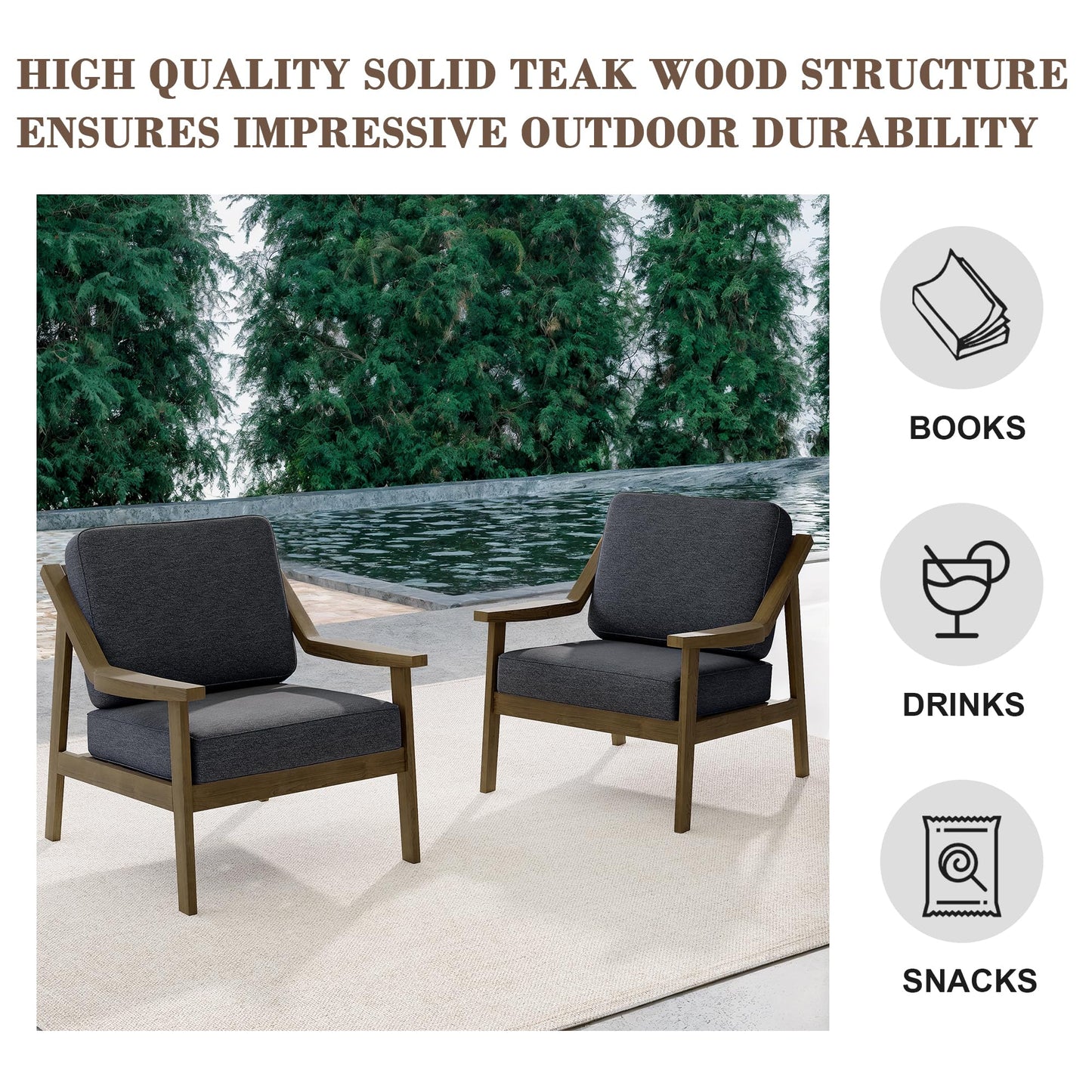 Outdoor Patio Furniture Set, 2 Piece Outdoor Patio Sofa Armchairs with Washable Thick Cushions, All-Weather Solid Wood Patio Bistro Set for Porch, Balcony, Natural Frame & Beige Cushion