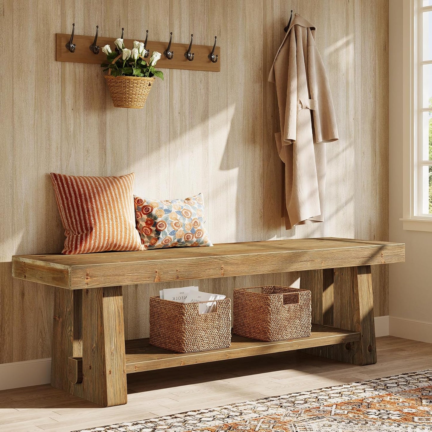 63'' Solid Wood Entryway Bench with Open Shelves, 2-Tier End of Bed Bench, Farmhouse Wooden Bench Indoor for Dining Room, Living Room, Hallway, Bedroom