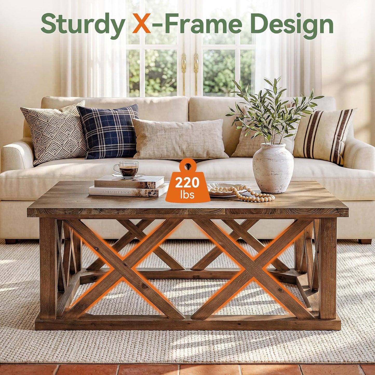 Solid Wood Coffee Table, 39.37-Inch Square Center Table with Reinforced X-Frame & Sturdy Base, Farmhouse Low Cocktail Tea Table for Living Room, Apartment, Office, Easy Assembly, Brown