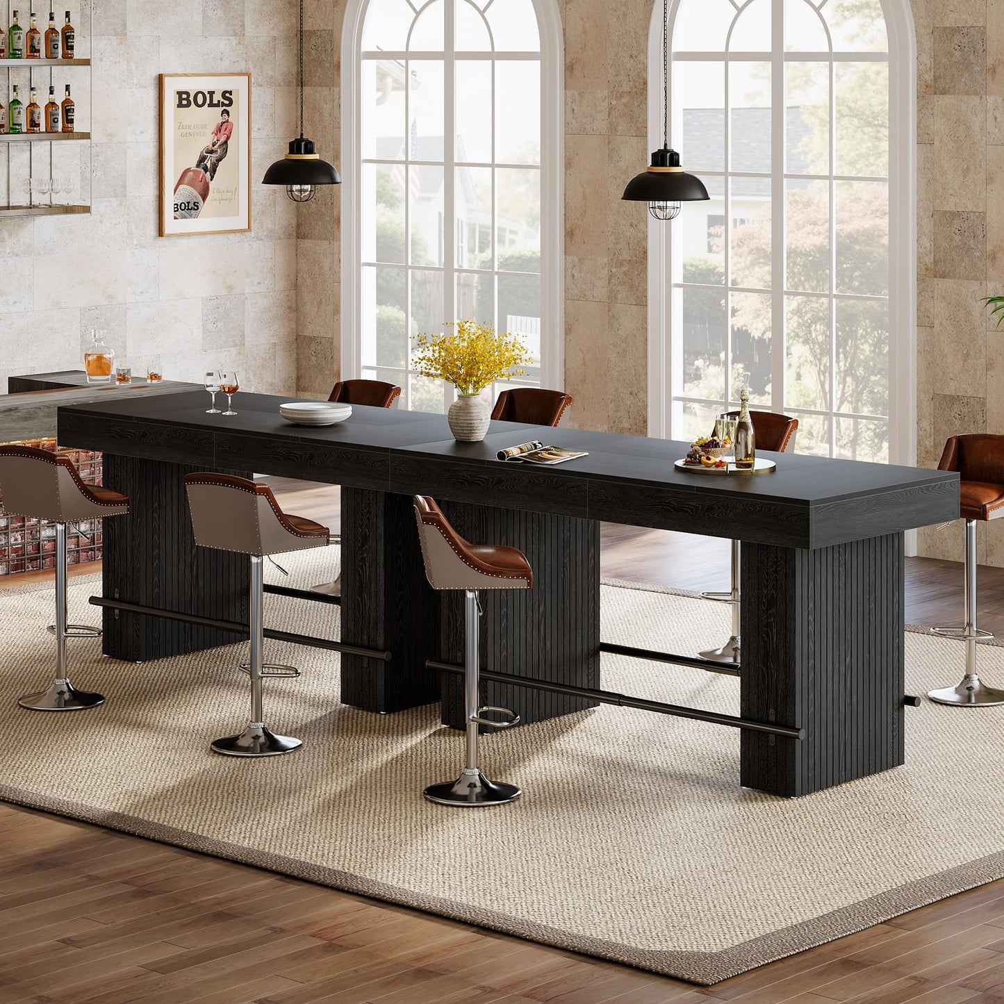 Tribesigns 62.2 Inch Bar Table, Industrial Counter Height Pub Dining Table, Rectangular Home Bar Units with Metal Footrest for Home Kitchen, Dining Room, Bistro, Brown and Dark Grey