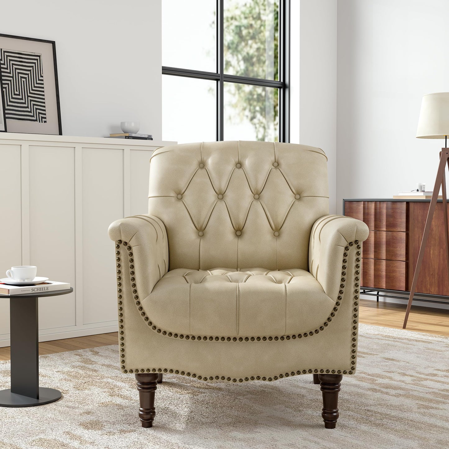 Faux Leather Club Chair, Retro Upholstered Armchair Accent Chair with Solid Wood Legs & Nailhead Trim for Living Room, Bedroom, Reading Room, Camel
