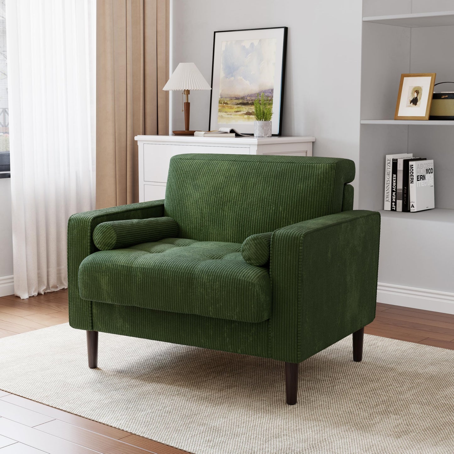 34.5" Arm Chair, Corduroy Fabric Modern Accent Chair, Comfy Upholstered Armchair Reading Chair with Solid Wood Legs for Living Room Bedroom Office, Yellow