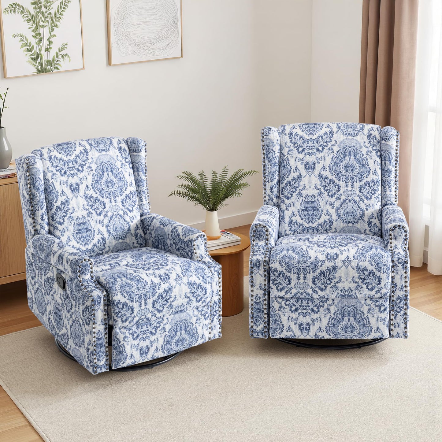 Swivel Rocker Recliner Chair, 360° Swivel Wingback Recliner Chairs for Adults, Upholstered Printed Fabric Glider Rocking Chair with High Back, Deep Seat for Living Romm Bedroom, Bird