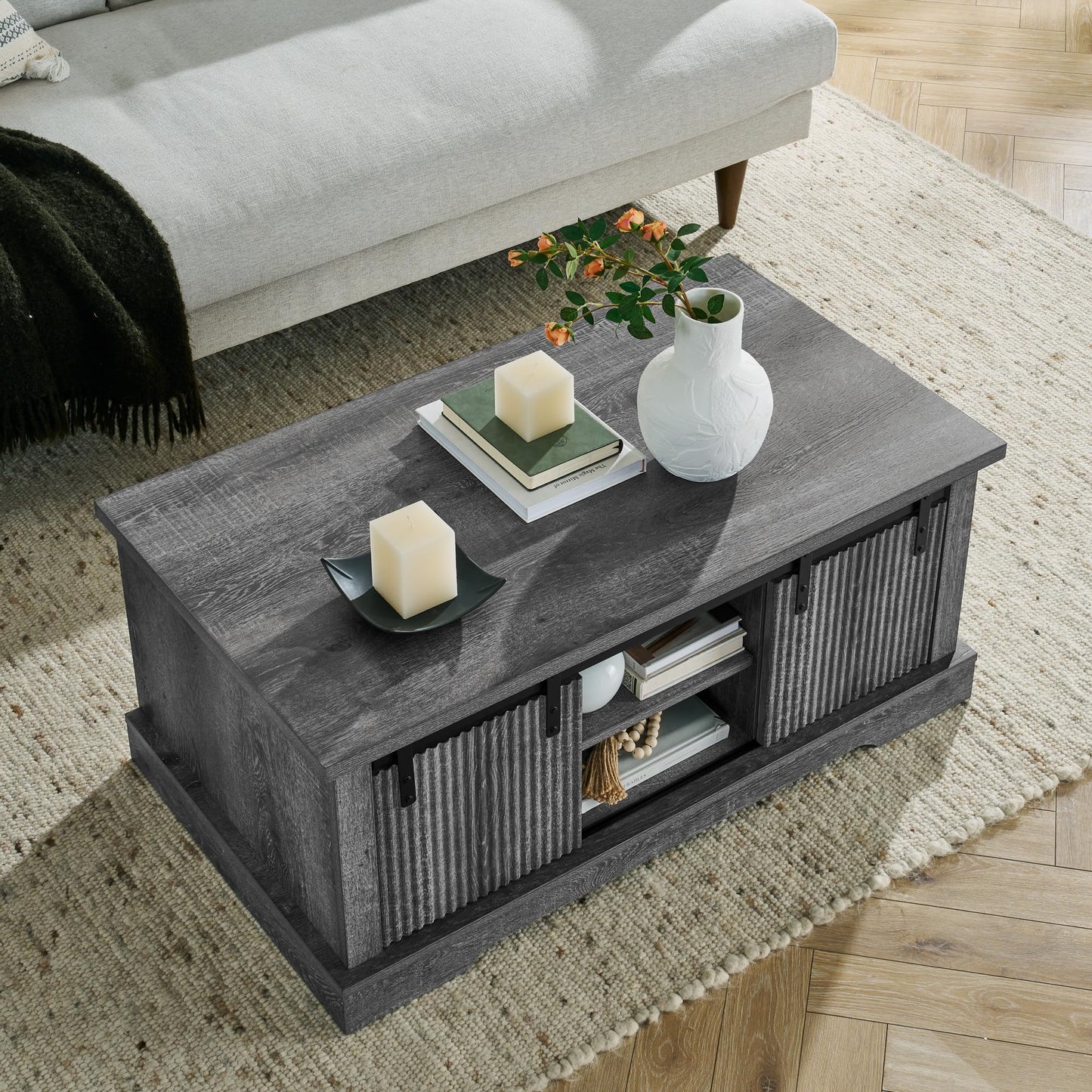 LKTART Farmhouse Coffee Table with Storage and Sliding Barn Door, Rustic Rectangular Center Table for Living Meeting Room,Office (41.3" W x 23.3" D)