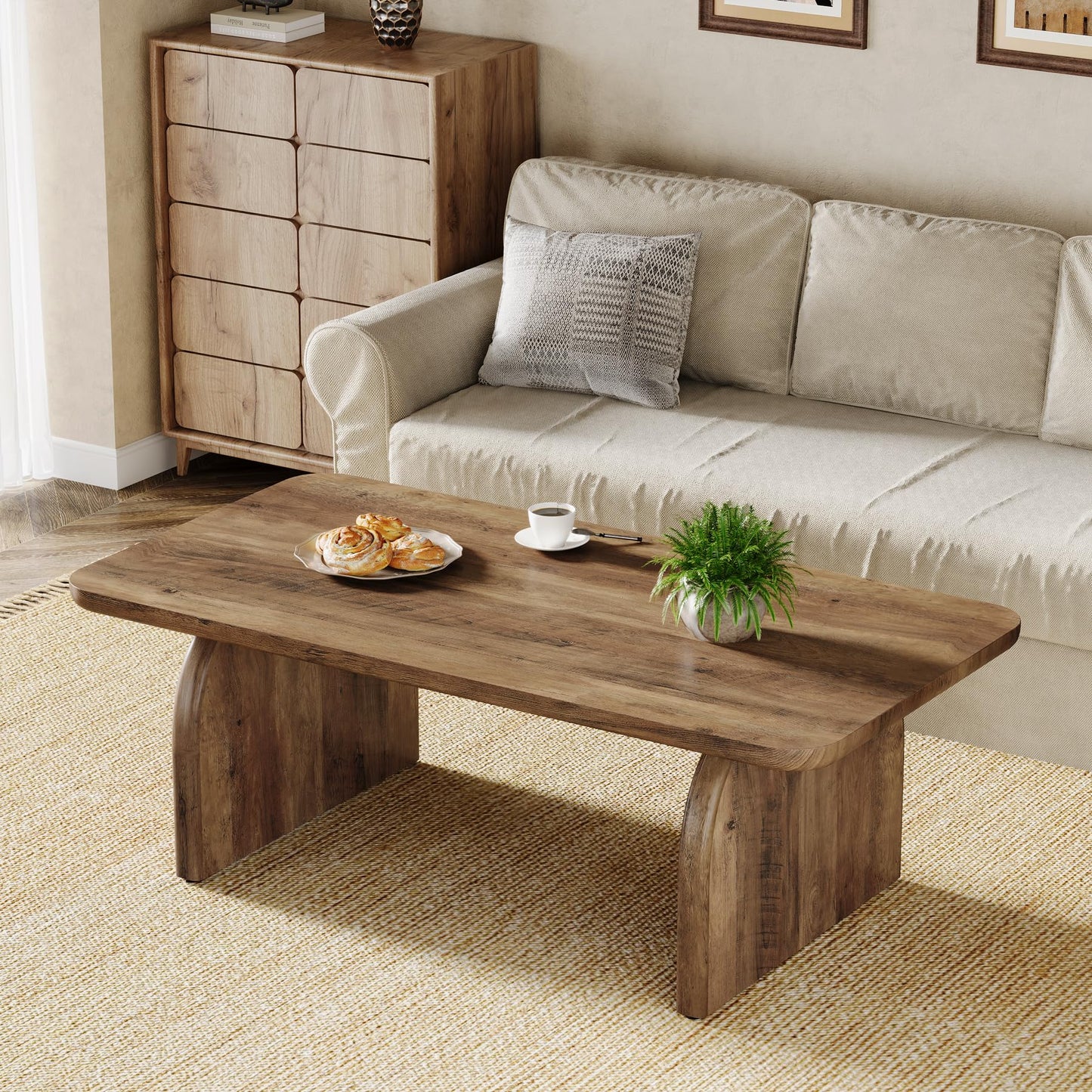 Tribesigns Rectangle Coffee Table, 47-Inch Wood Rectangular Living Room Table, Farmhouse Accent Center Low Cocktail Tea Table with Sturdy Base & Rounded Corners, Easy Assembly (Natural Brown)