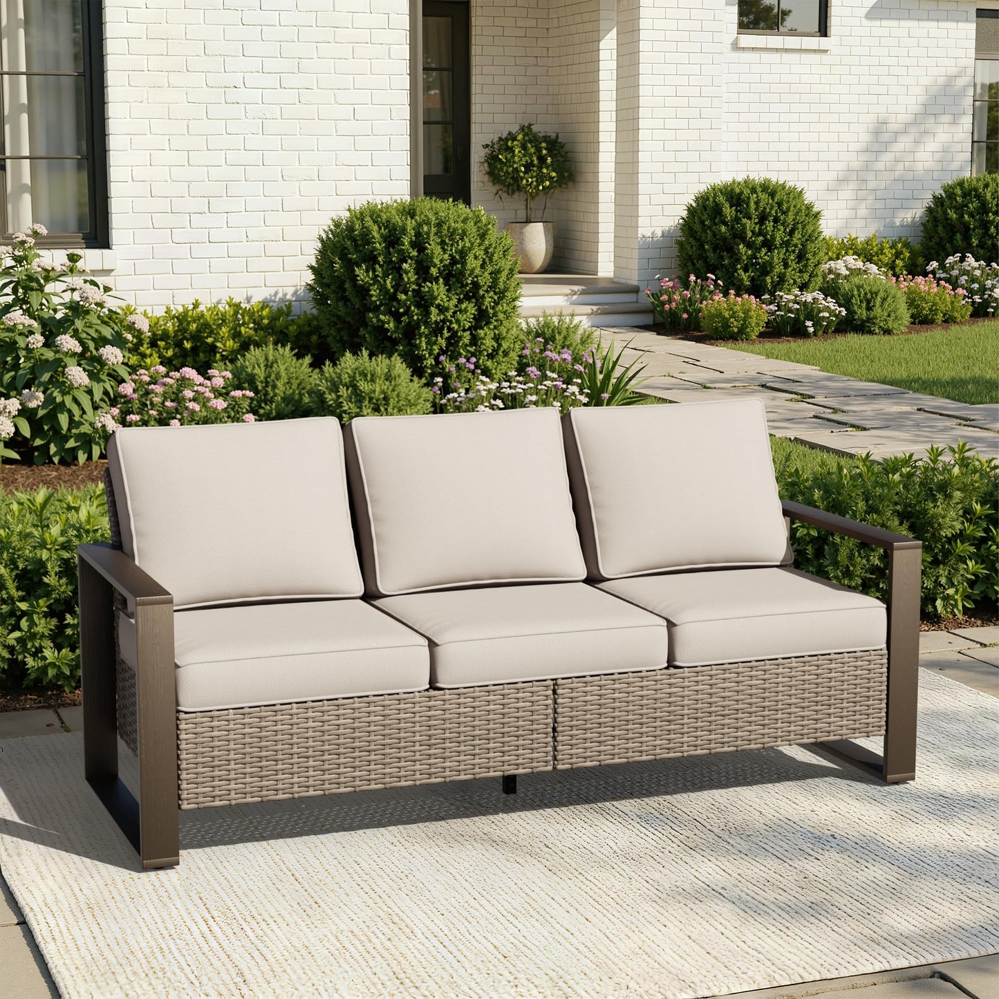 Joyside Outdoor Patio Wicker Sofa, 3-Seater Rattan Sofa with Thick Olefin Cushions and Metal Steel Rectangular Framed Armrest -Looking Metal Armrest Suitable for Garden, Backyard, Porch, Deck