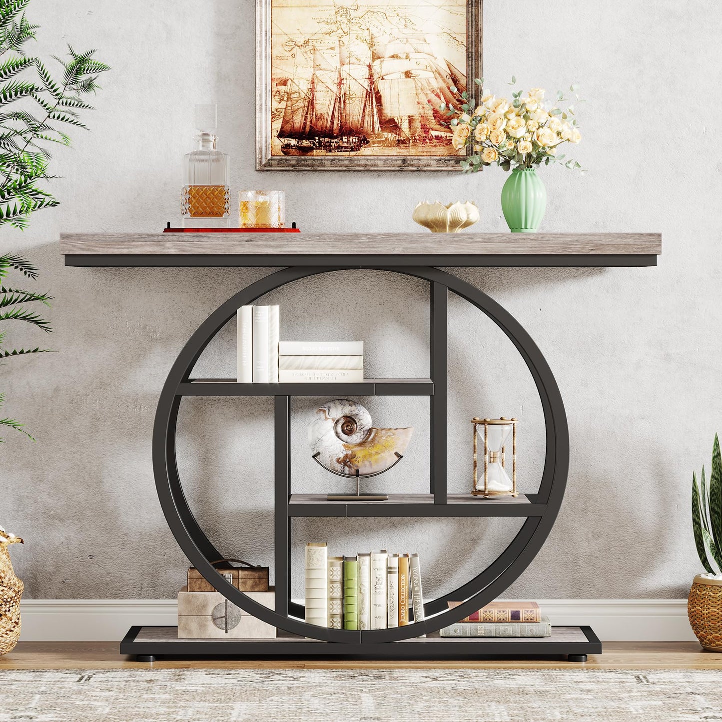 Tribesigns 41.3" Console Table, Industrial 4-Tier Sofa Table Entryway Table with Circle Base, Narrow Wood Accent Tables with Storage Shelves for Living Room, Hallway, Foyer, Rustic Brown