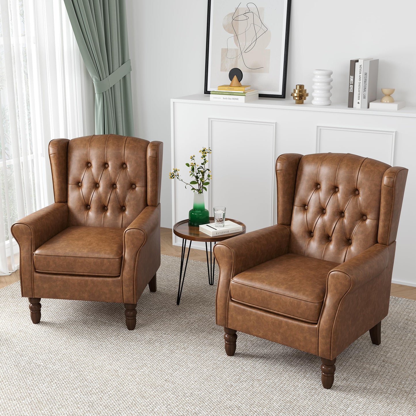 Faux Leather Wingback Chairs Set of 2, High Back Accent Chair for Living Room, Button-Tufted Upholstered Armchair with Solid Wood Legs, Comfy Reading Chair for Bedroom, Brown