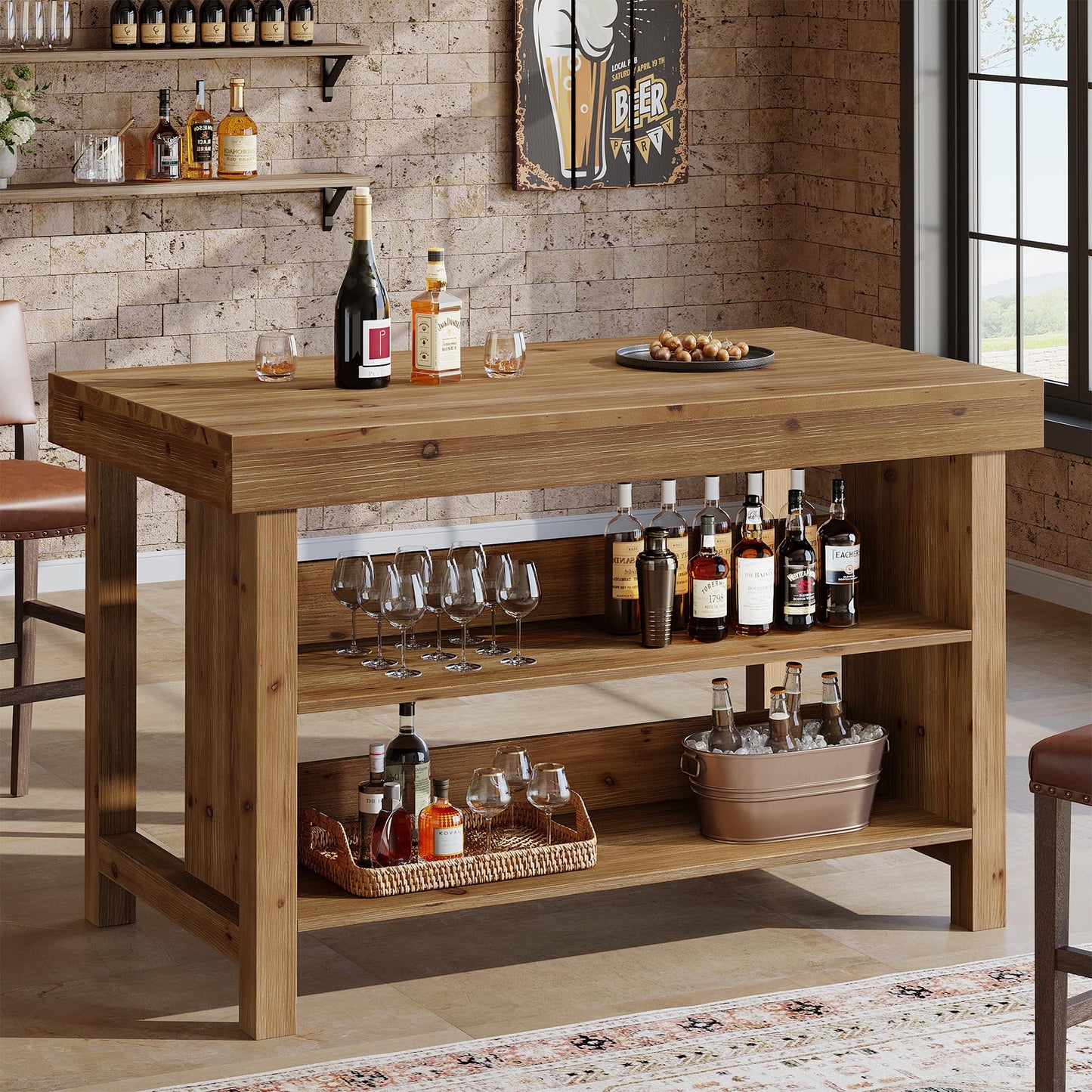 Solid Wood 55-Inch Bar Table, 3-Tier Farmhouse Home Bar Unit with Open Storage Shelves, Rectangular Counter Height Pub Dining Table for Kitchen, Dining Room, Living Room, Basement, Brown