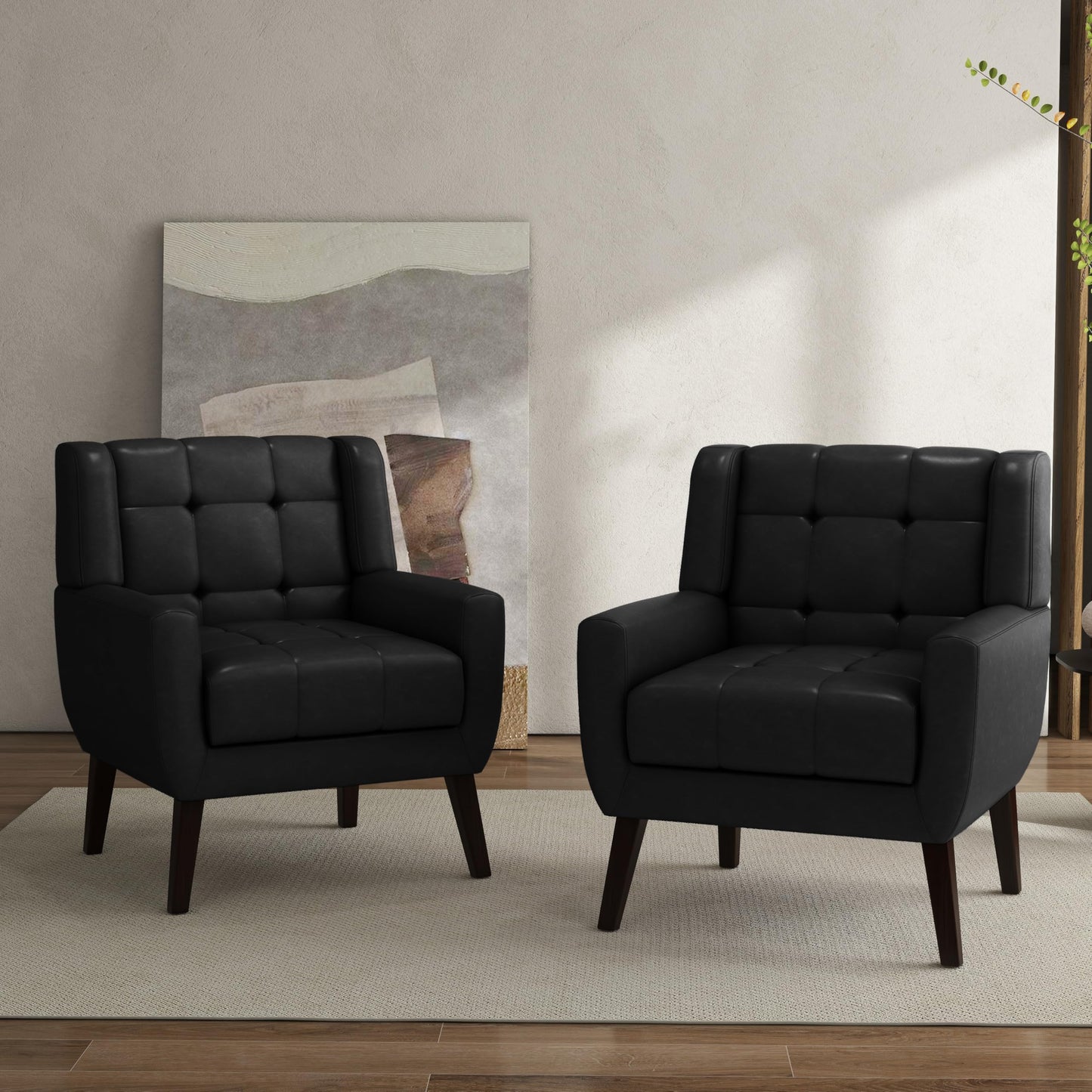 Faux Leather Accent Chairs Set of 2, Mid-Century Modern Upholstered Armchair, Comfy Living Room Chairs Reading Chairs with Button Tufted Back & Solid Wood Legs for Bedroom, Office, Black