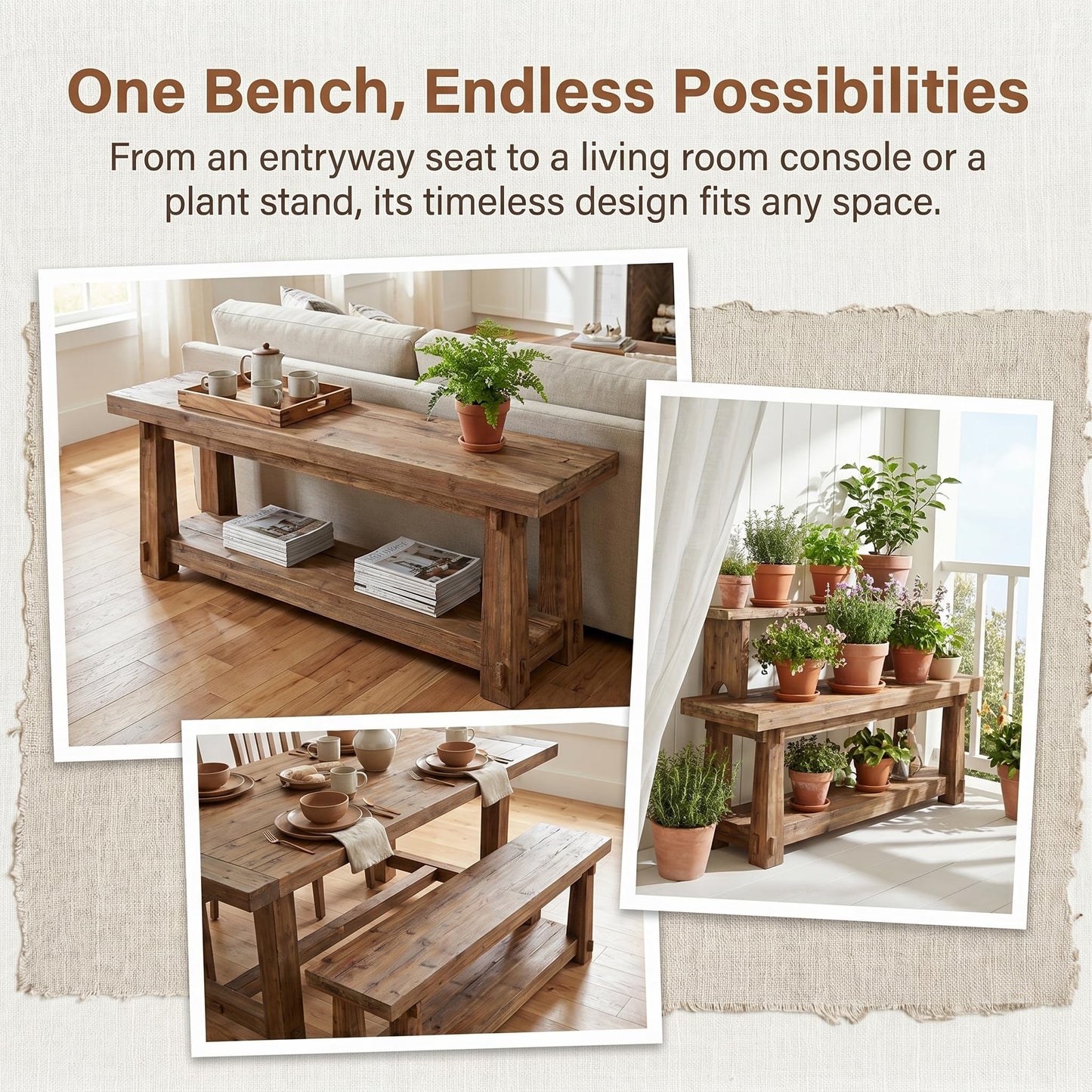 55" Solid Wood Entryway Bench with Shoe Storage, Rustic Wood Grain Shoe Rack Window Bench Seat for Foyer, Hallway, Mudroom, Bedroom, Easy Assembly (Rustic Light Wood)