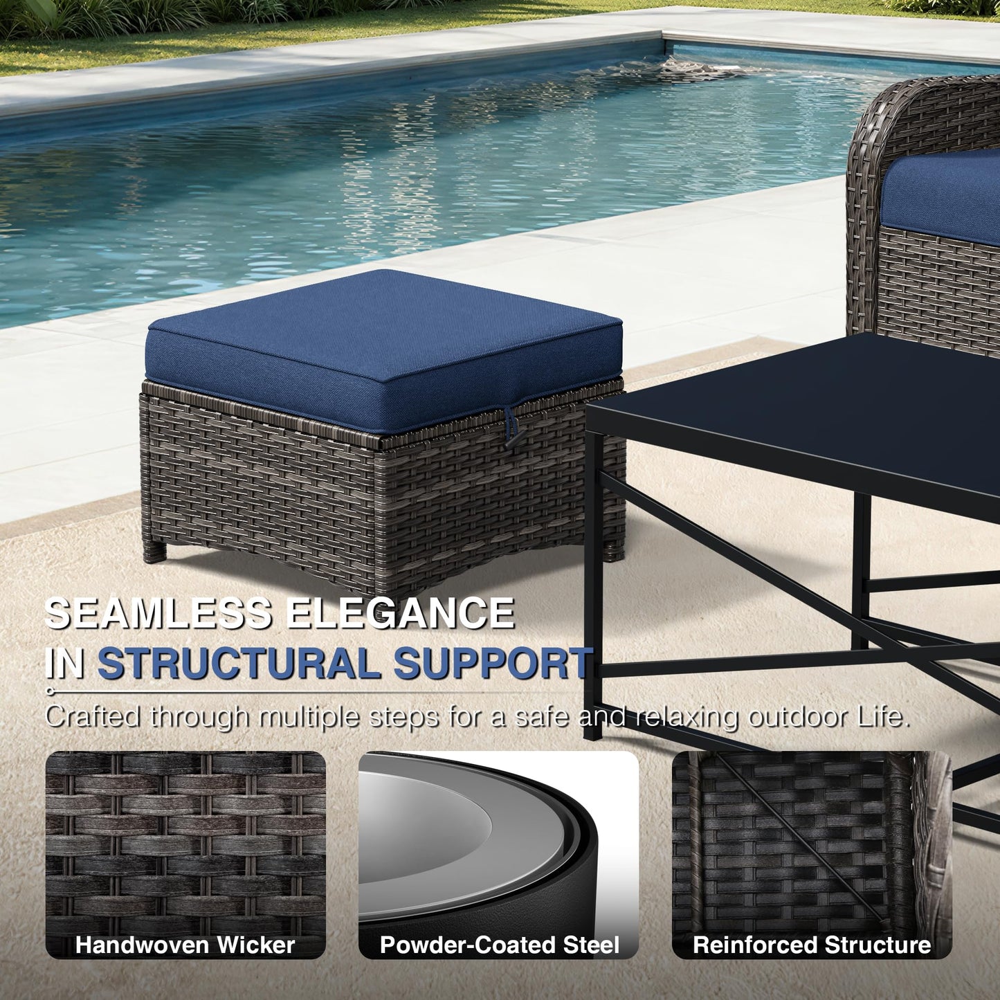 Joyside Outdoor Ottoman Set of 2, Patio Large Ottoman Foot Rest with Thickened Cushions, Outdoor Wicker Foot Stool for Porch, Deck Use