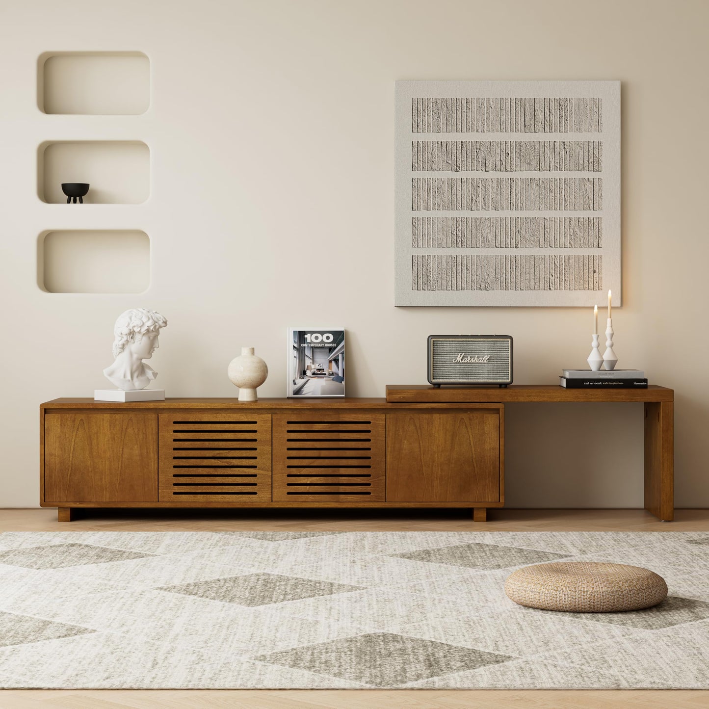 LKTART Mid Century Modern Rattan TV Stand for 65 Inch TV,59" Boho Media Console with Sliding Doors & Open Shelves,Solid Wood Legs for Living Room,Light Walnut