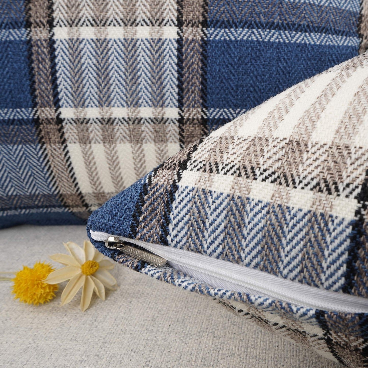 YOUR SMILE Retro Farmhouse Outdoor Buffalo Tartan Chequer Plaid Cotton Linen Decorative Throw Pillow Case Cushion Cover Pillowcase for Sofa 18 x 18 Inch, Set of 2, Khaki/Stripe