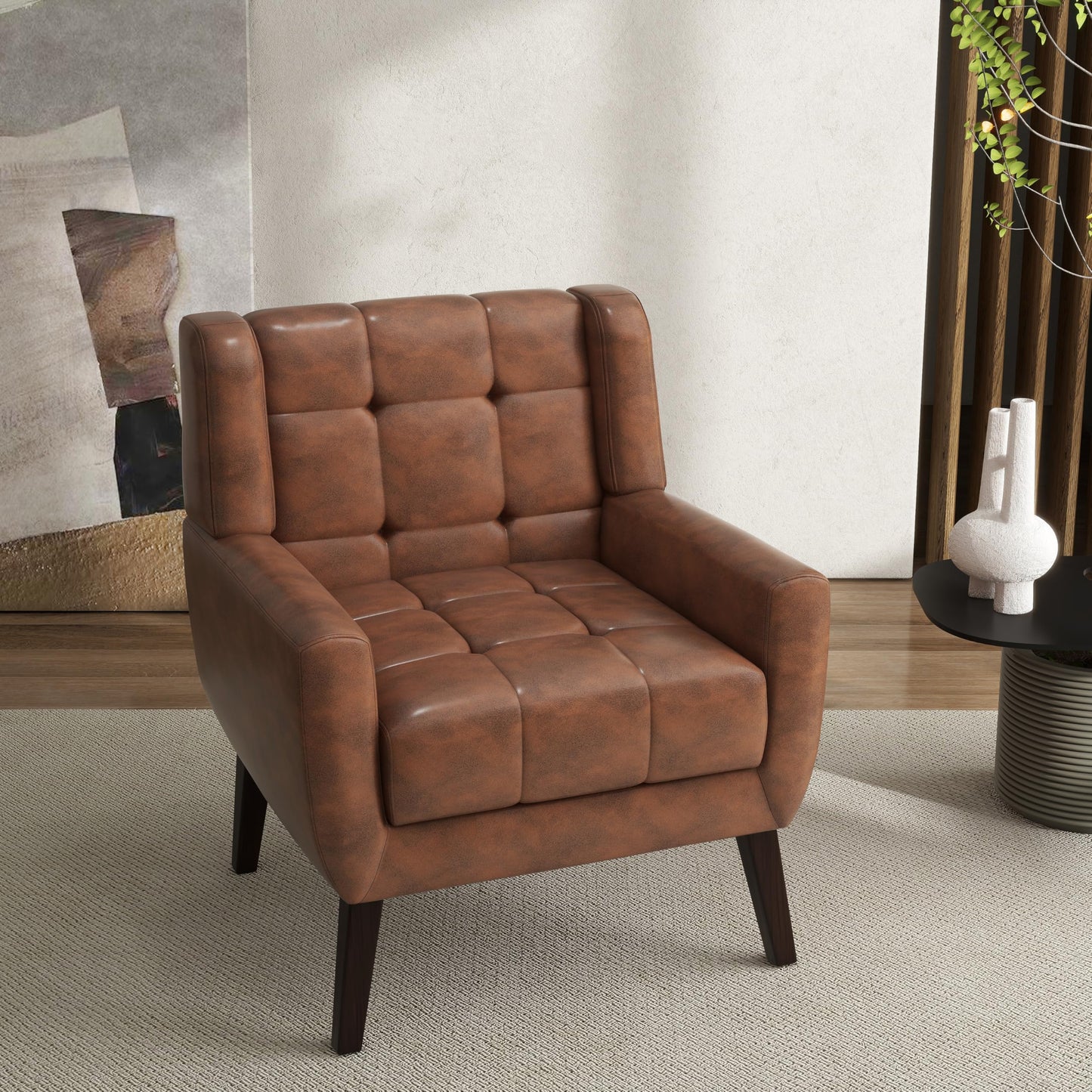 Faux Leather Accent Chairs Set of 2, Mid-Century Modern Upholstered Armchair, Comfy Living Room Chairs Reading Chairs with Button Tufted Back & Solid Wood Legs for Bedroom, Office, Black
