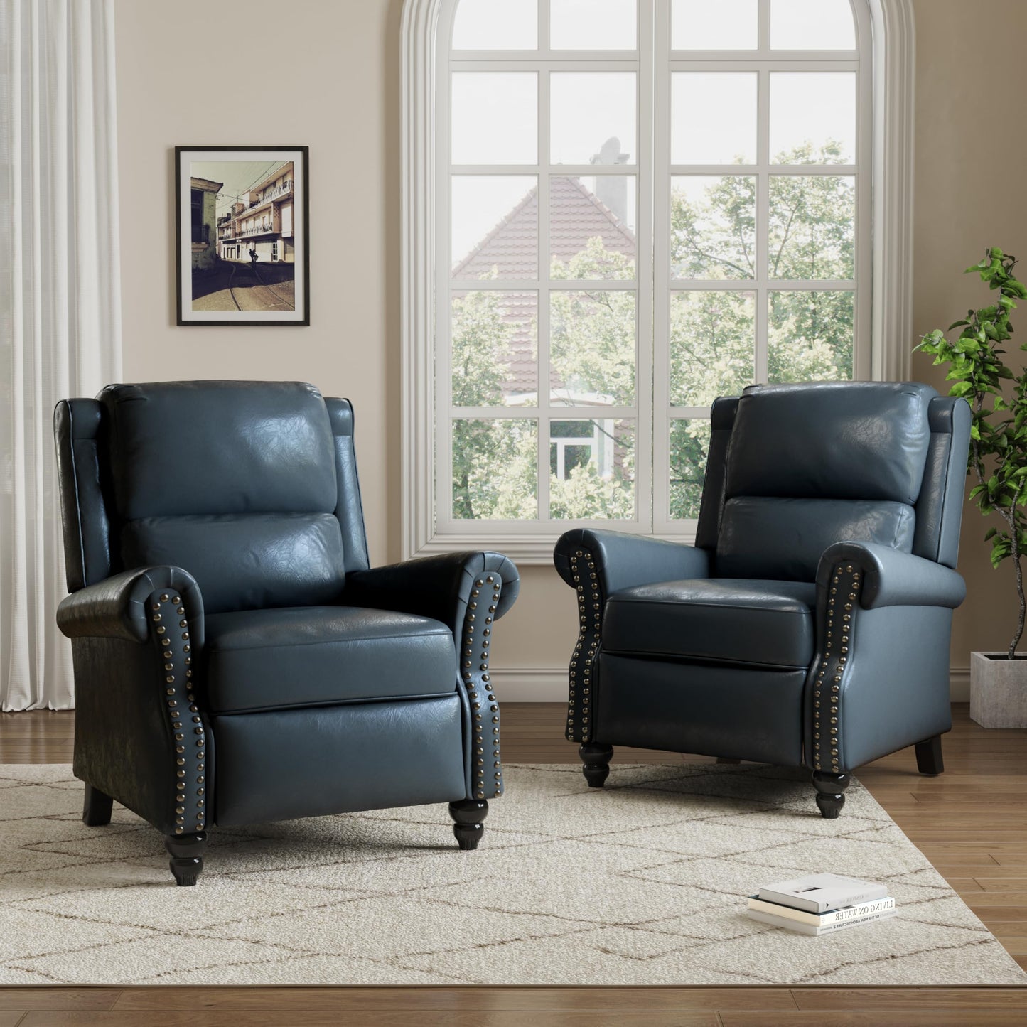 Pushback Recliner Chairs Set of 2, Comfy Fabric Wingback Recliner Chair, Upholstered Armchair Push Back Recliner with Wood Legs, Rivet Trim Accent Chair for Living Room, Bedroom, Blue Stripe