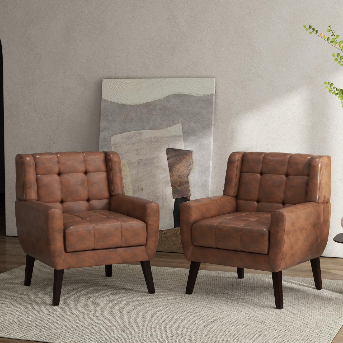 Faux Leather Accent Chairs Set of 2, Mid-Century Modern Upholstered Armchair, Comfy Living Room Chairs Reading Chairs with Button Tufted Back & Solid Wood Legs for Bedroom, Office, Black