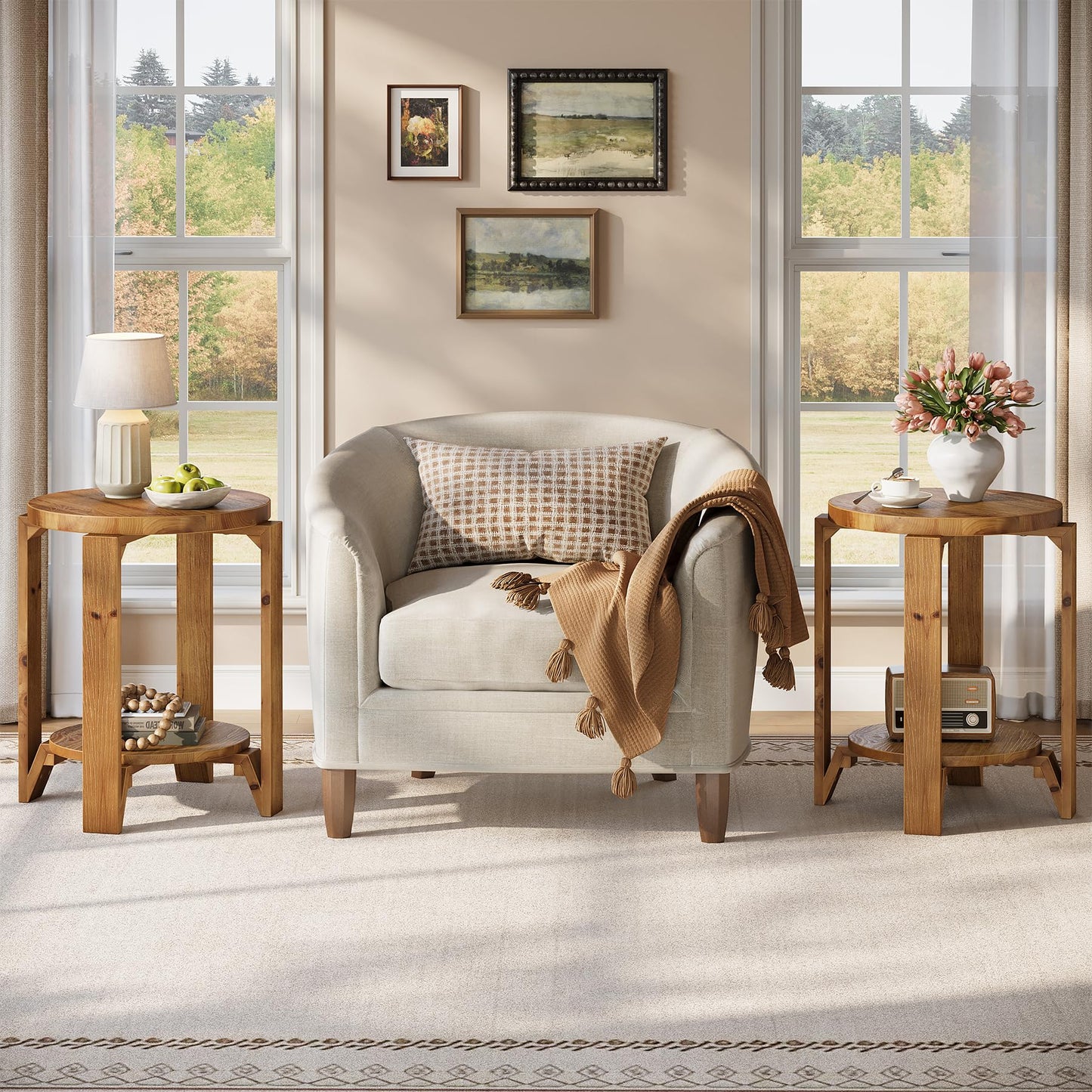 Solid Wood End Table, 2-Tier Round Wood Side Table for Living Room, Farmhouse Circle Nightstand with Storage for Bedroom, Couch, Small Spaces, Easy Assembly, Rustic Brown