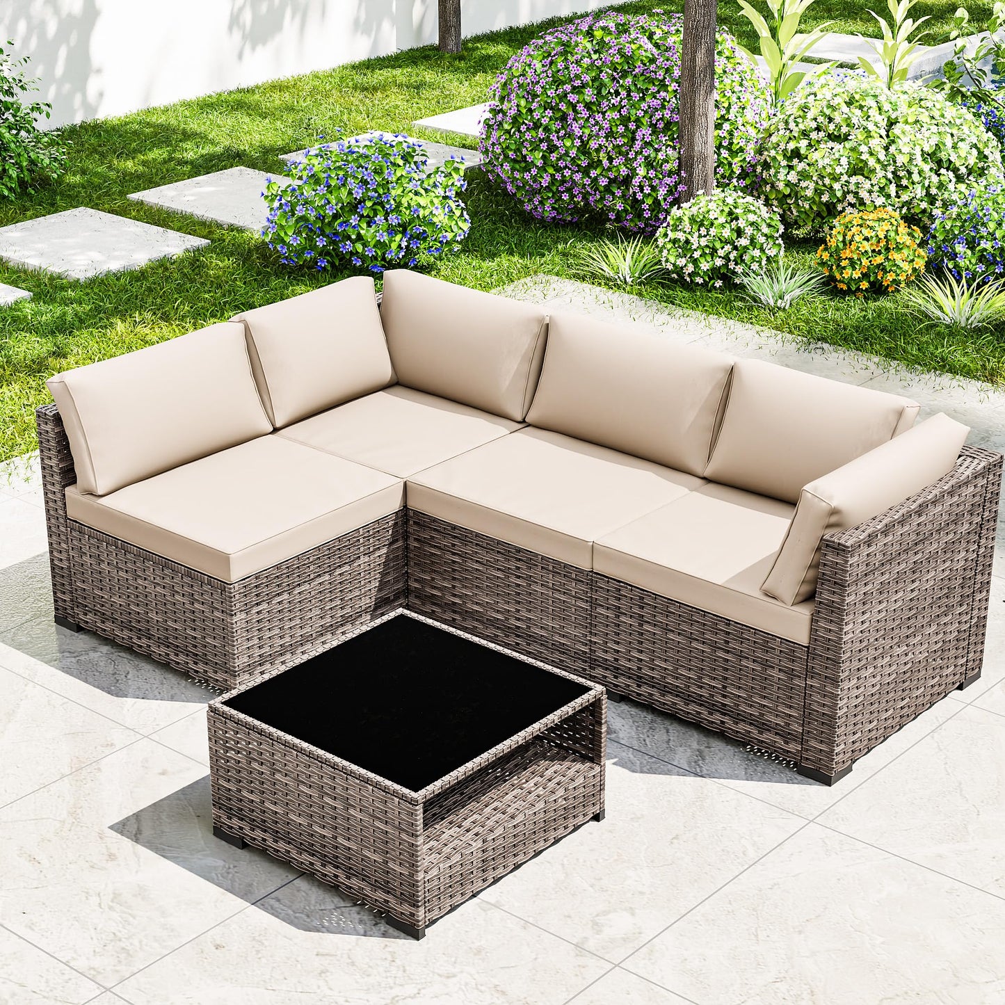 Joyside 5-Piece Patio Furniture Set, Rattan Outdoor Sectional Wicker Patio Conversation Set with Cushions and Coffee Table