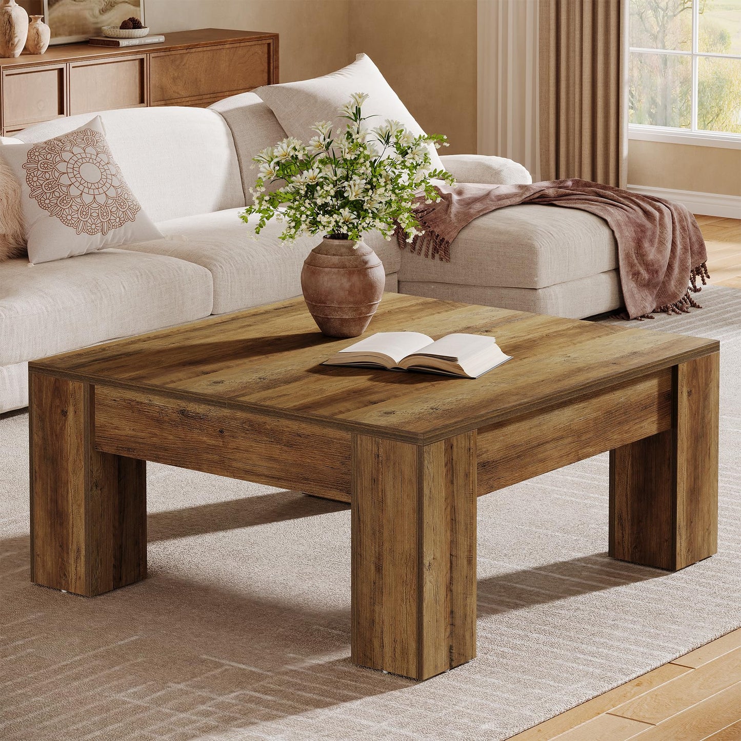 Tribesigns Square Coffee Table, 39-Inch Farmhouse Wooden Coffee Table with Sturdy Legs, Rustic Accent Center Table for Living Room, Easy Assembly, Light Brown