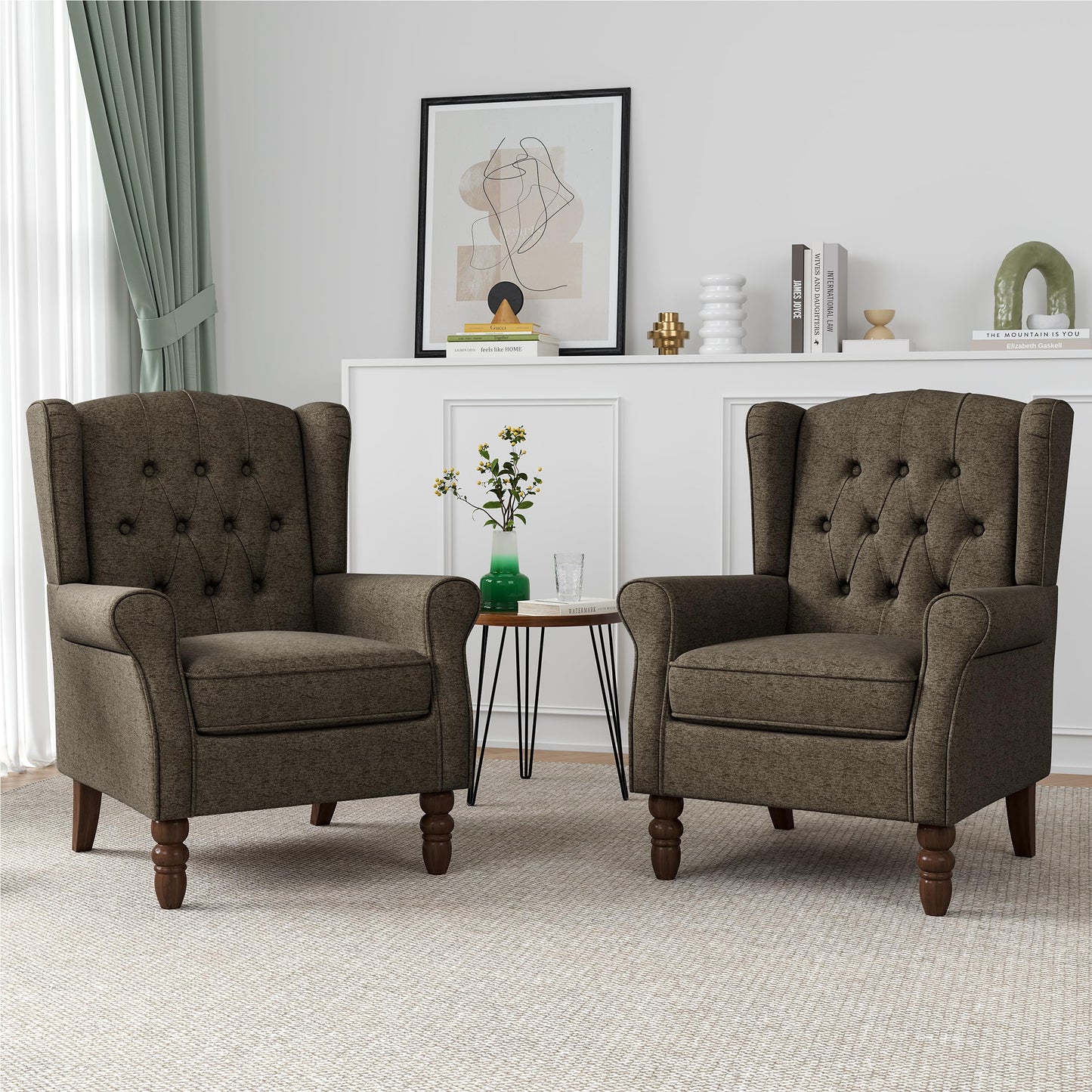 Faux Leather Wingback Chairs Set of 2, High Back Accent Chair for Living Room, Button-Tufted Upholstered Armchair with Solid Wood Legs, Comfy Reading Chair for Bedroom, Brown
