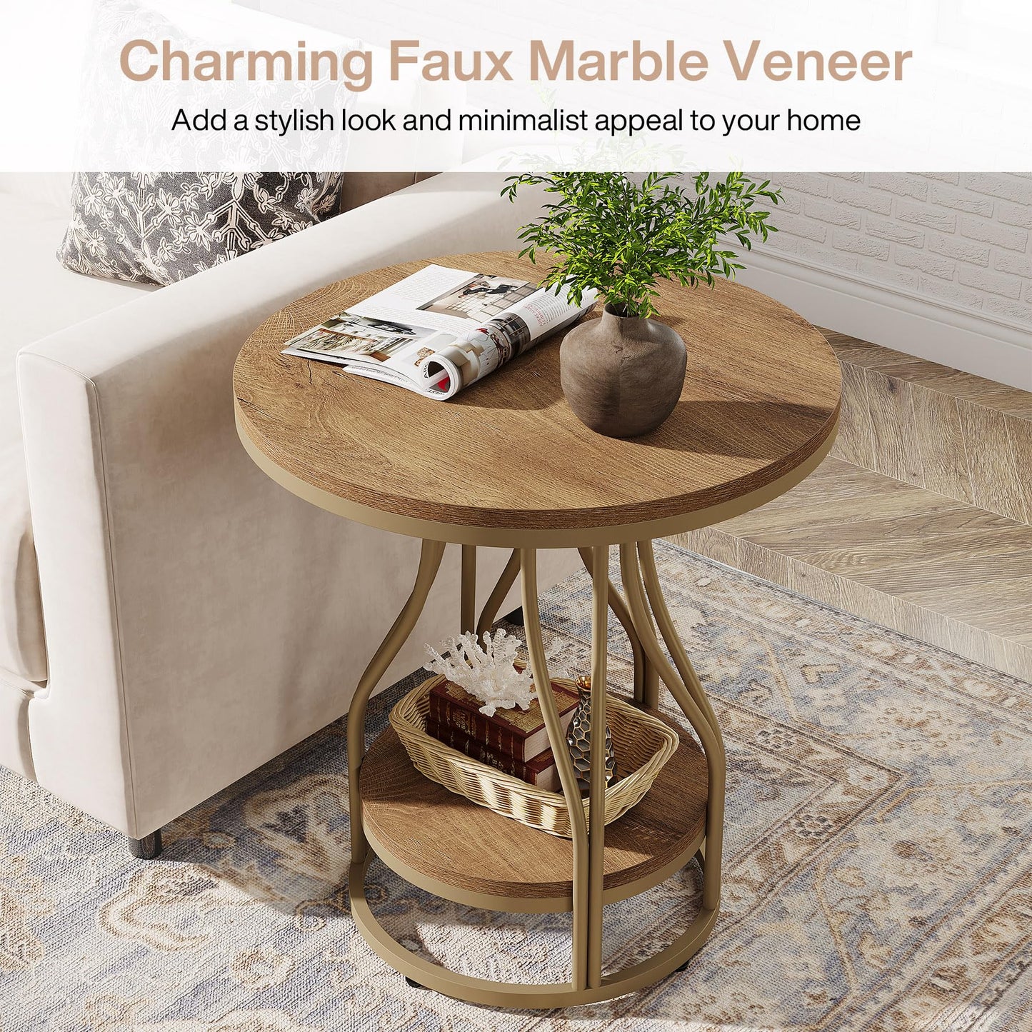 Tribesigns Round Side End Table 2-Tier End Tables Modern Bedside Table Small Chairside Tables with Storage for Couch Side, Nightstand with Metal Frame for Living Room (1, White+Gold)