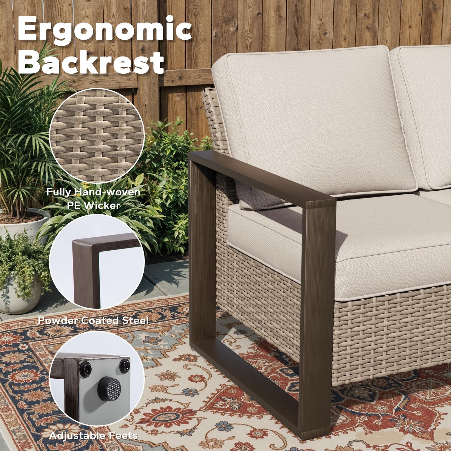 Joyside Outdoor Patio Wicker Sofa, 3-Seater Rattan Sofa with Thick Olefin Cushions and Metal Steel Rectangular Framed Armrest -Looking Metal Armrest Suitable for Garden, Backyard, Porch, Deck
