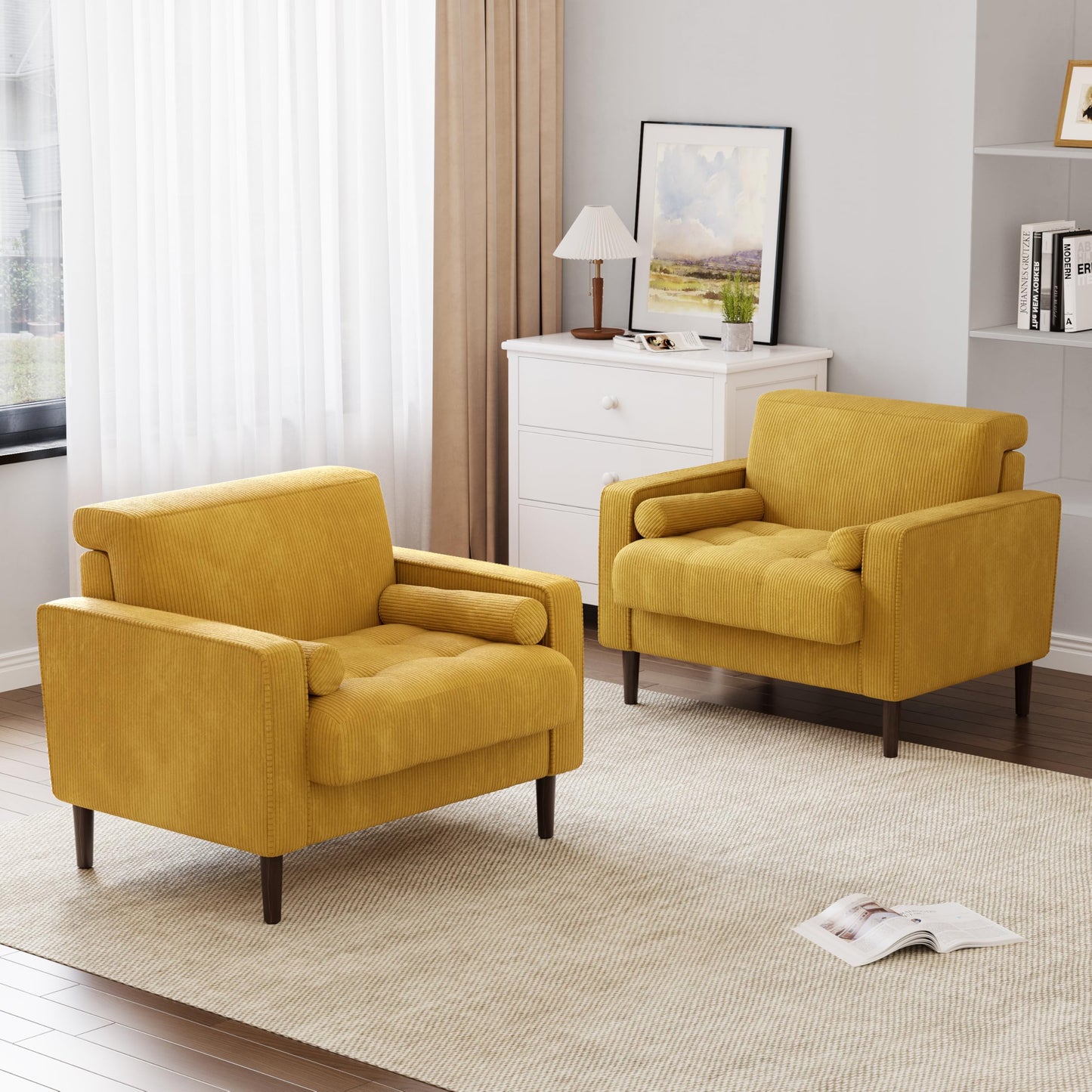 34.5" Arm Chair, Corduroy Fabric Modern Accent Chair, Comfy Upholstered Armchair Reading Chair with Solid Wood Legs for Living Room Bedroom Office, Yellow