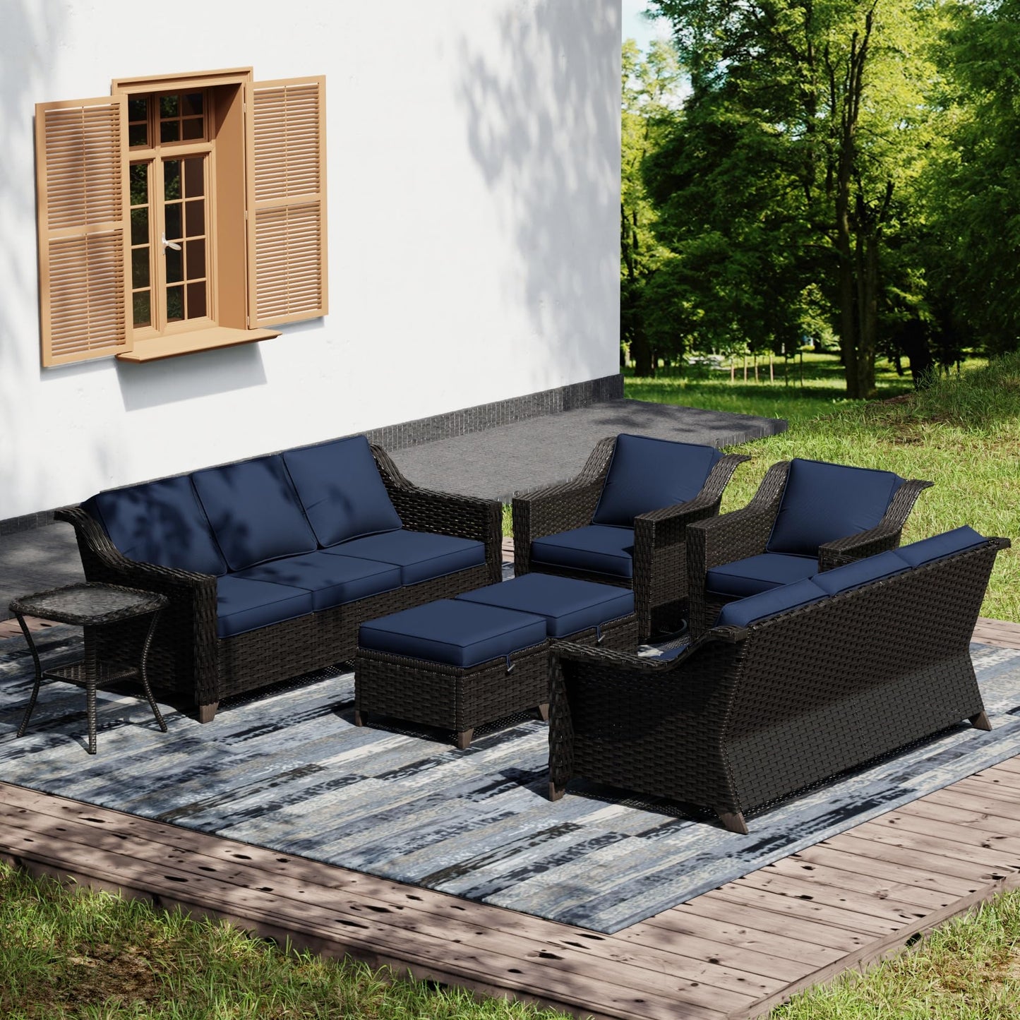 Joyside Patio Sofa - 3 Seater Rattan Sofa, All Weather High Back Sofa, Upgraded Large Size with 4inch Seat Cushions for Backyard, Garden, Poolside (Brown/Blue)