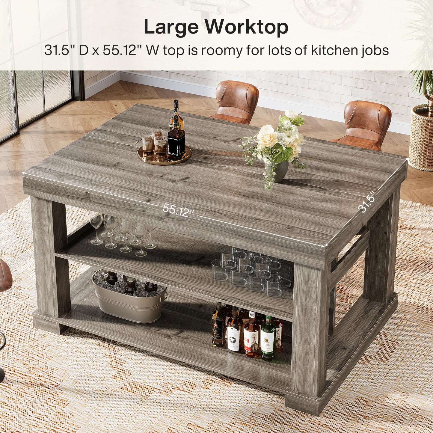 Tribesigns 55" Kitchen Island with Seating and Storage, 3-Tier Farmhouse Wood Stationary Island Table with Large Worktop & Leg Room, Coffee Bar Table with Storage Shelves for Kitchen, White and Brown