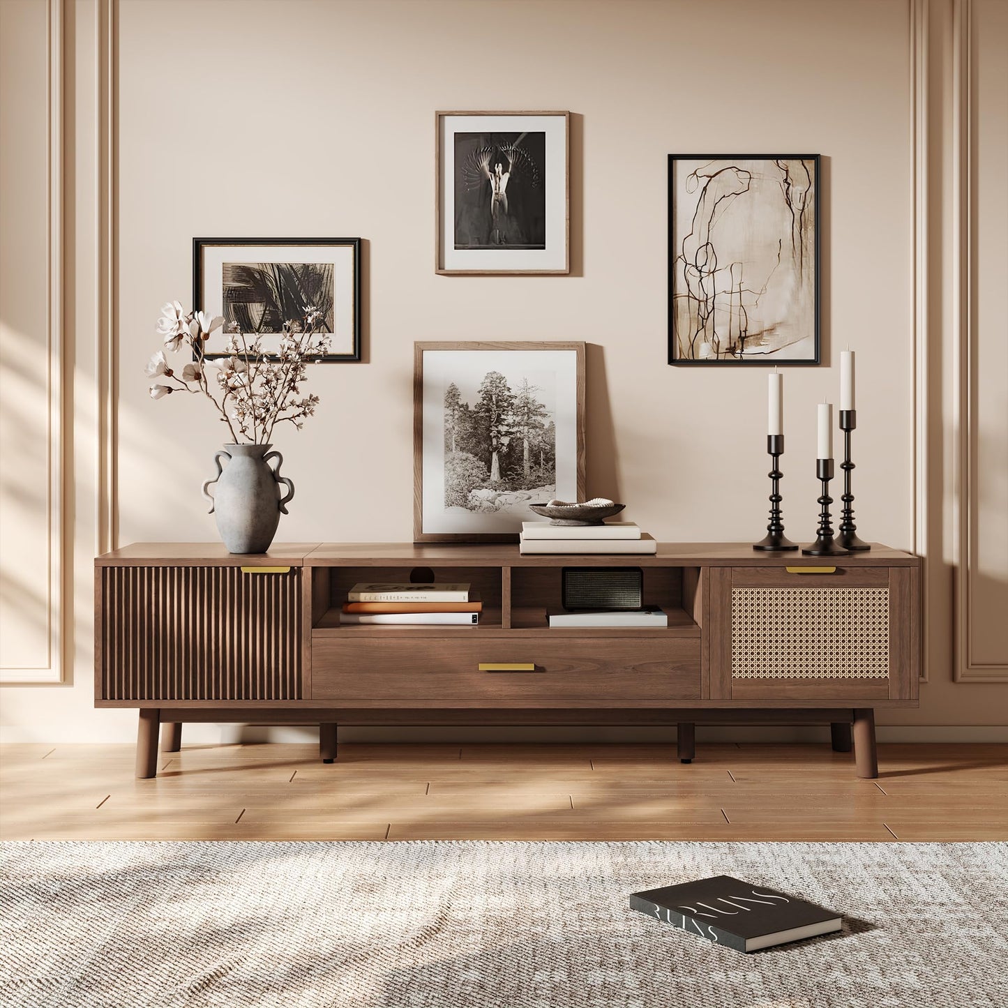 LKTART 67" Mid Century Modern TV Stand for 65/70/75/80" TVs,Entertainment Center with Sliding Doors and Drawers,Media Console for Living Room