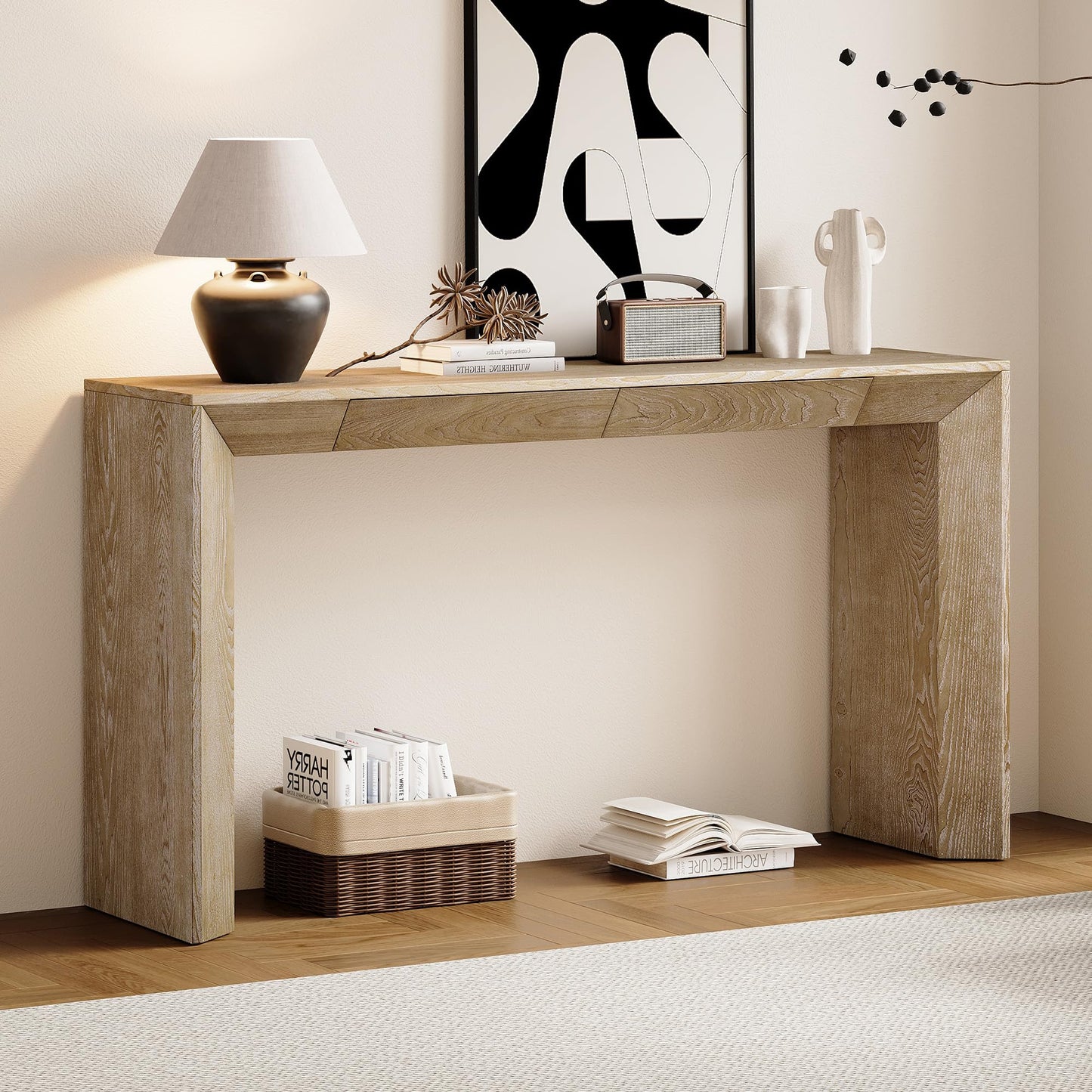 LKTART 60" Modern Farmhouse Console Table with 2 Drawers, Sofa Table Behind Sofa, Wooden Entryway Table for Living Room, Entryway & Foye,Black