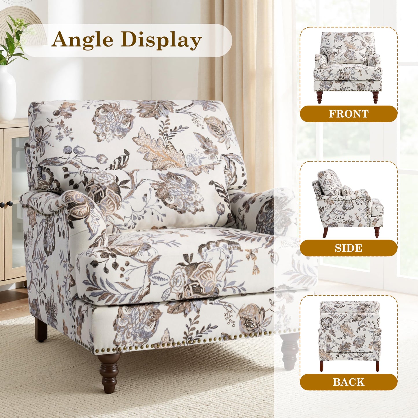 Accent Chair for Living Room, Upholstered Armchair with Nailhead Trim & Solid Wood Legs, Mid Century Modern Club Chair for Bedroom/Reading Room, Rococo Green