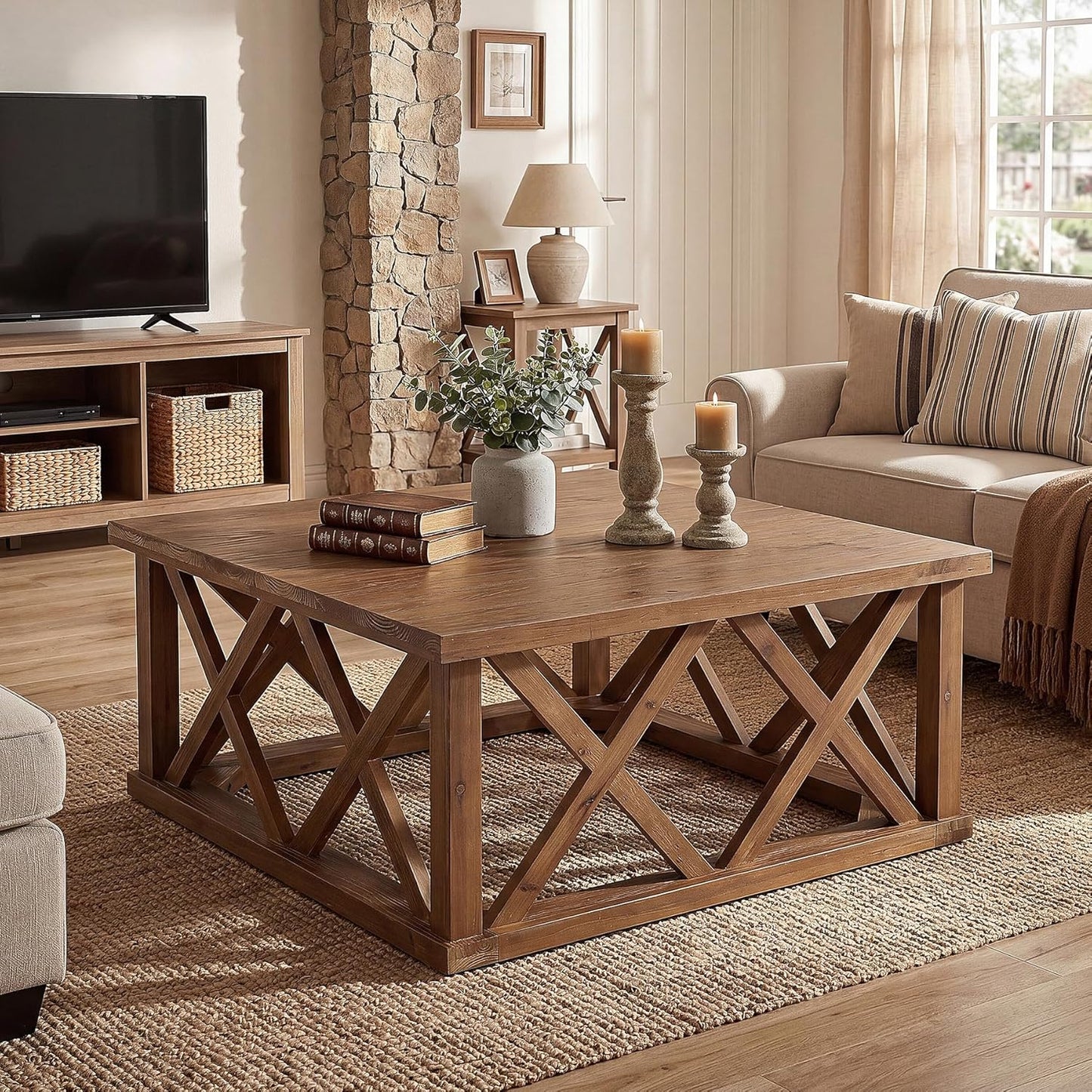 Solid Wood Coffee Table, 39.37-Inch Square Center Table with Reinforced X-Frame & Sturdy Base, Farmhouse Low Cocktail Tea Table for Living Room, Apartment, Office, Easy Assembly, Brown