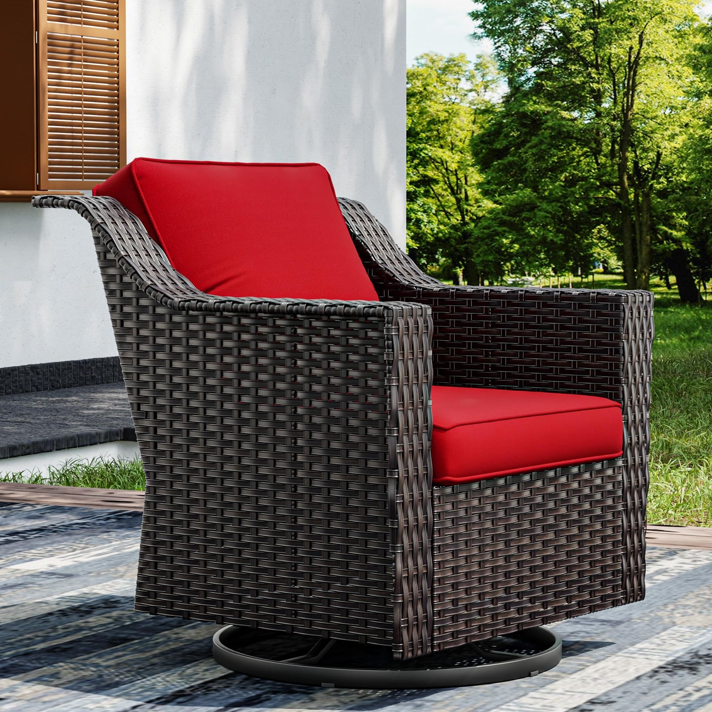 Joyside Patio Sofa - 3 Seater Rattan Sofa, All Weather High Back Sofa, Upgraded Large Size with 4inch Seat Cushions for Backyard, Garden, Poolside (Brown/Blue)