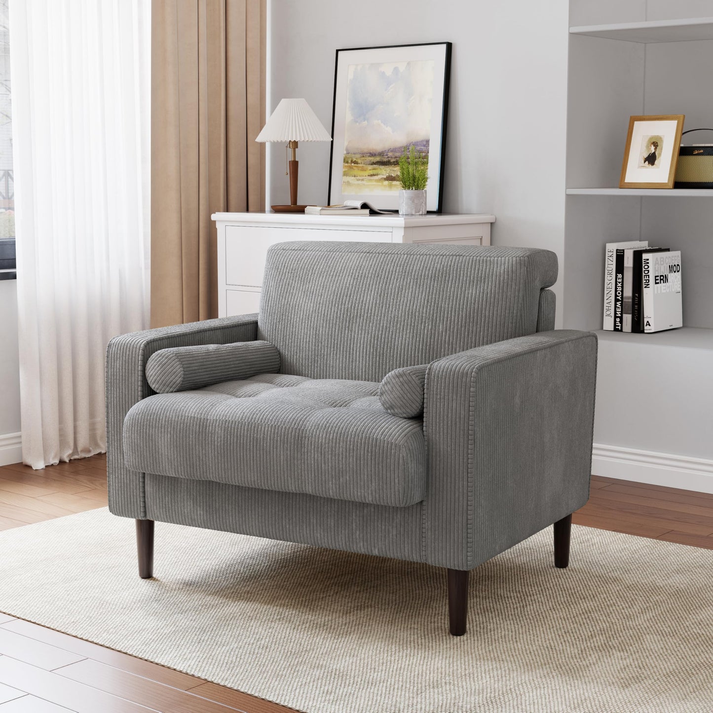 34.5" Arm Chair, Corduroy Fabric Modern Accent Chair, Comfy Upholstered Armchair Reading Chair with Solid Wood Legs for Living Room Bedroom Office, Yellow