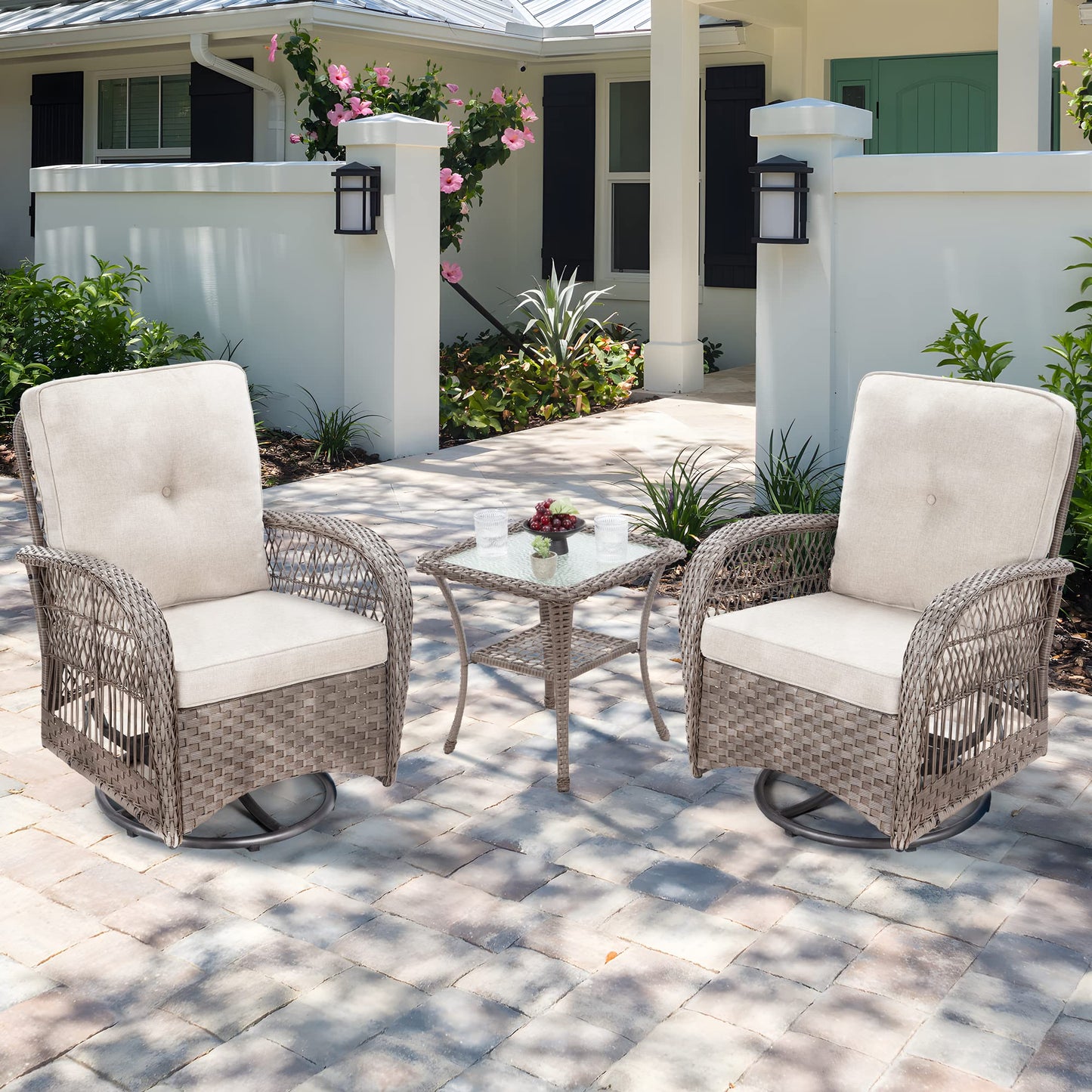 Joyside Patio Bistro Set, 3-Piece Outoodr Wicker Swivel Rocking Chair Set, Outdoor Patio Furniture Chair with Side Coffee Table & Durable Fabric Cushion(Brown/Beige)