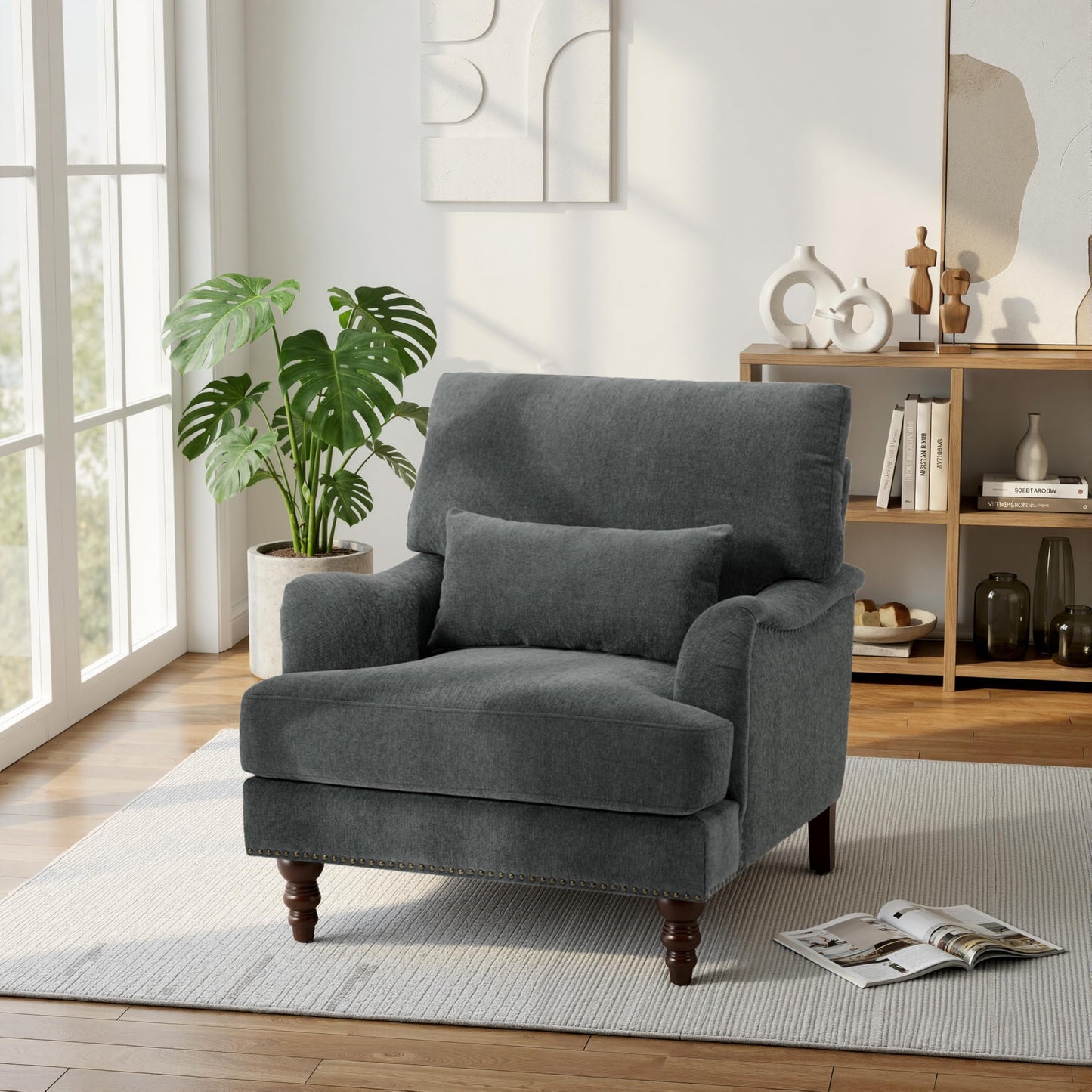 Accent Chair for Living Room, Upholstered Armchair with Nailhead Trim & Solid Wood Legs, Mid Century Modern Club Chair for Bedroom/Reading Room, Rococo Green