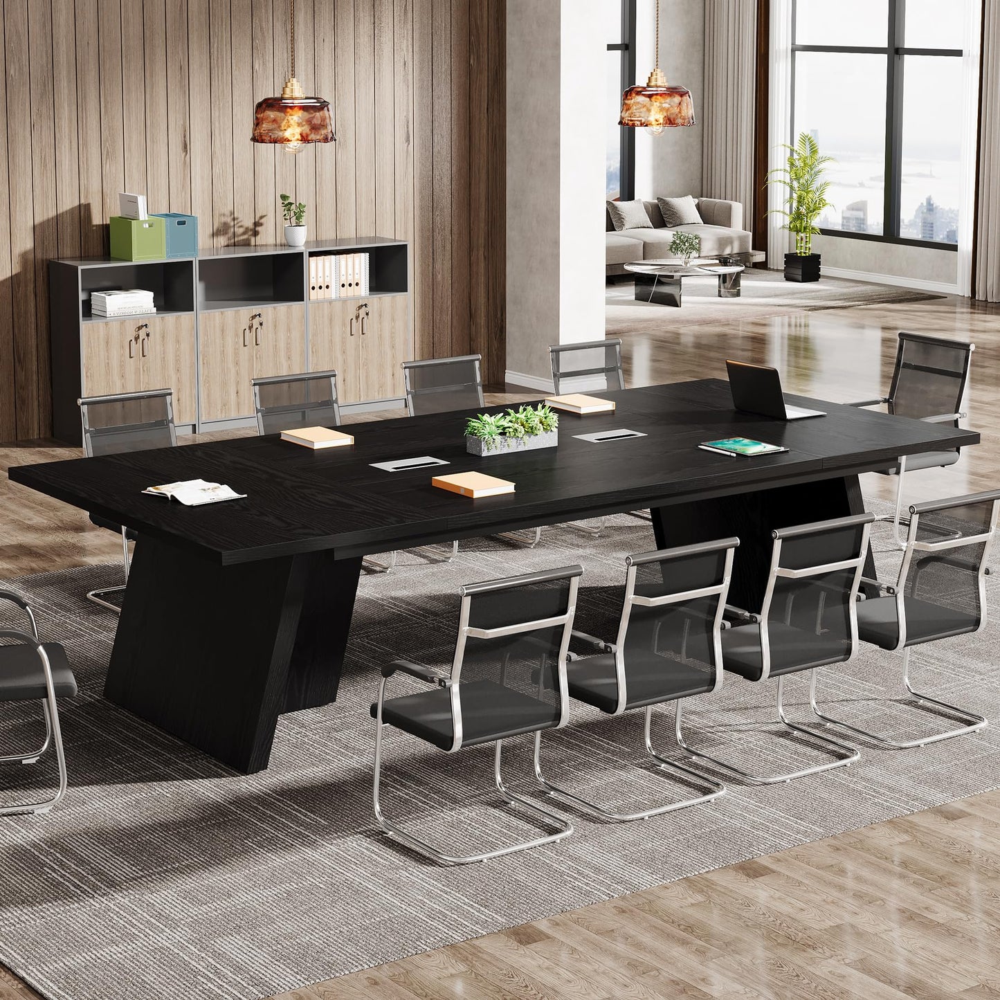Tribesigns 8ft Conference Table, Modern Office Meeting Room Desk with Cable Management, Large Business Furniture for Boardroom, Conference Room (1, Walnut + Black)