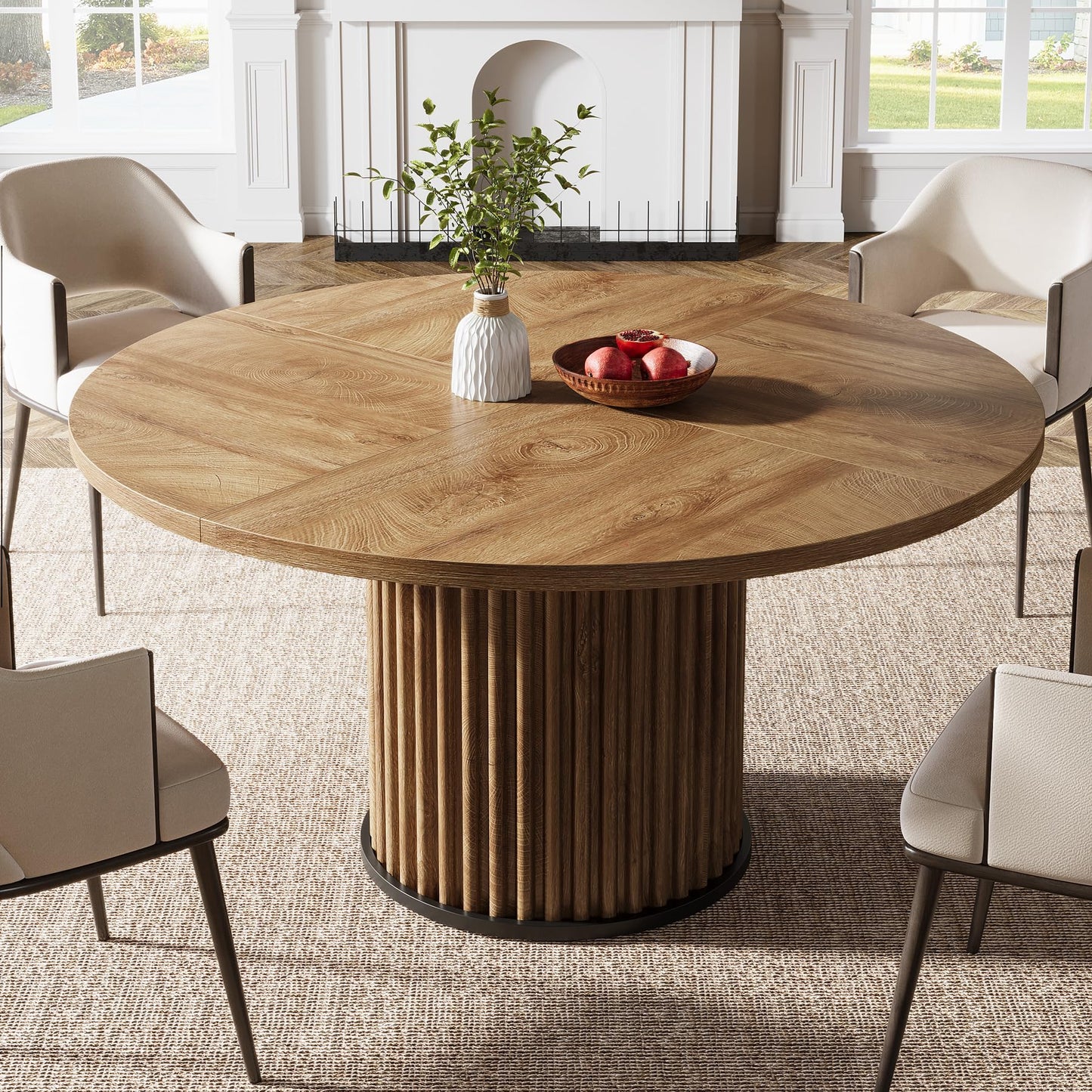 Tribesigns 47.24-Inch Black Round Dining Table for 4-6 People, Modern Fluted MDF + Metal Base Kitchen Table, Sturdy Circle Dining Room Furniture, Black