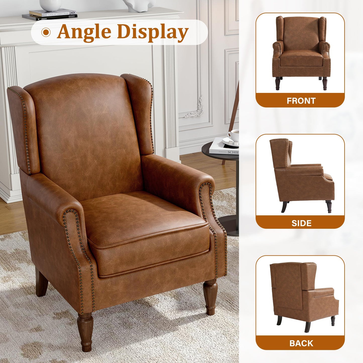 Floral Wingback Accent Chair, High Back Upholstered Armchair, Comfy Fabric Wingback Arms Chairs with Solid Wood Legs, Single Sofa Reading Chair for Bedroom Living Room, Beige