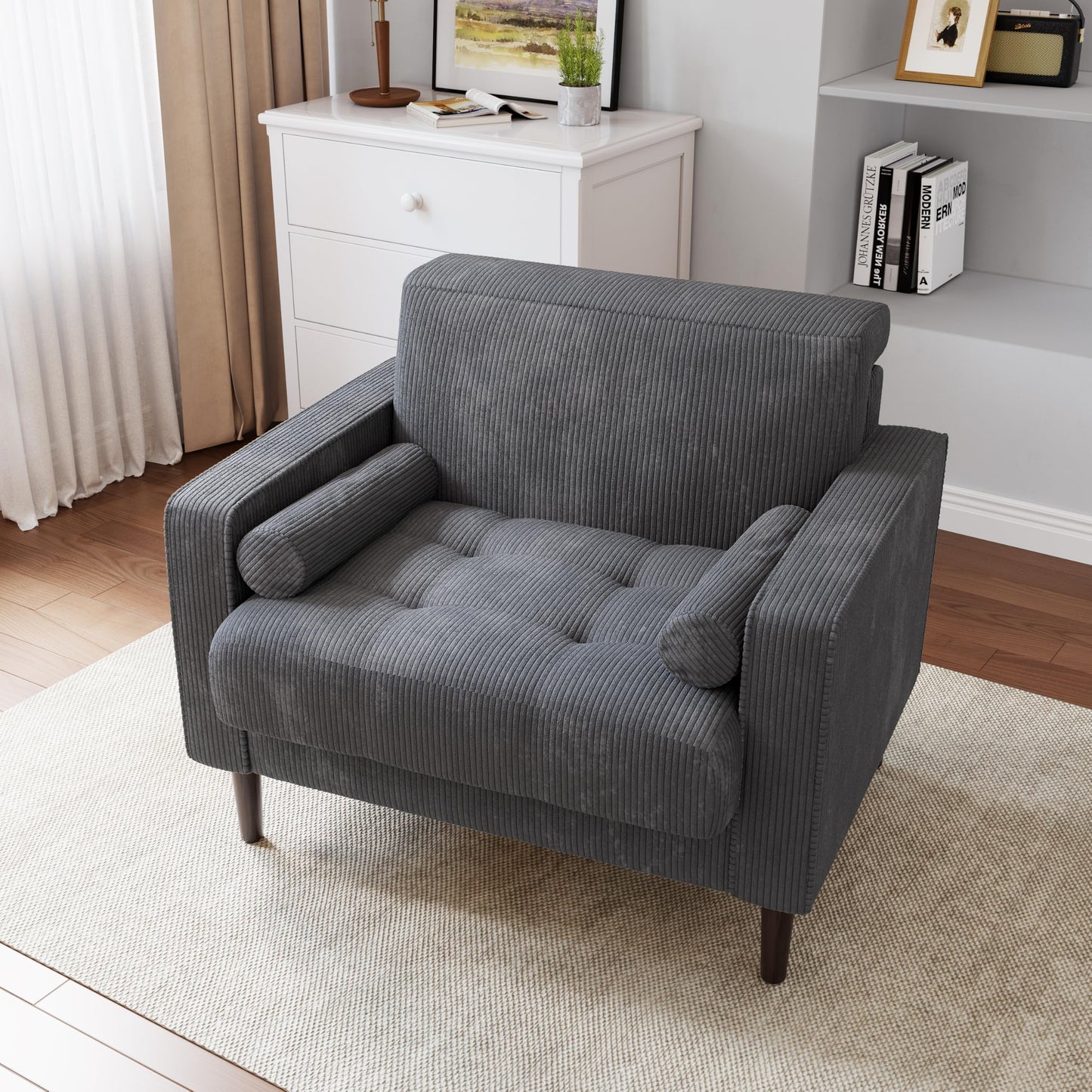 34.5" Arm Chair, Corduroy Fabric Modern Accent Chair, Comfy Upholstered Armchair Reading Chair with Solid Wood Legs for Living Room Bedroom Office, Yellow