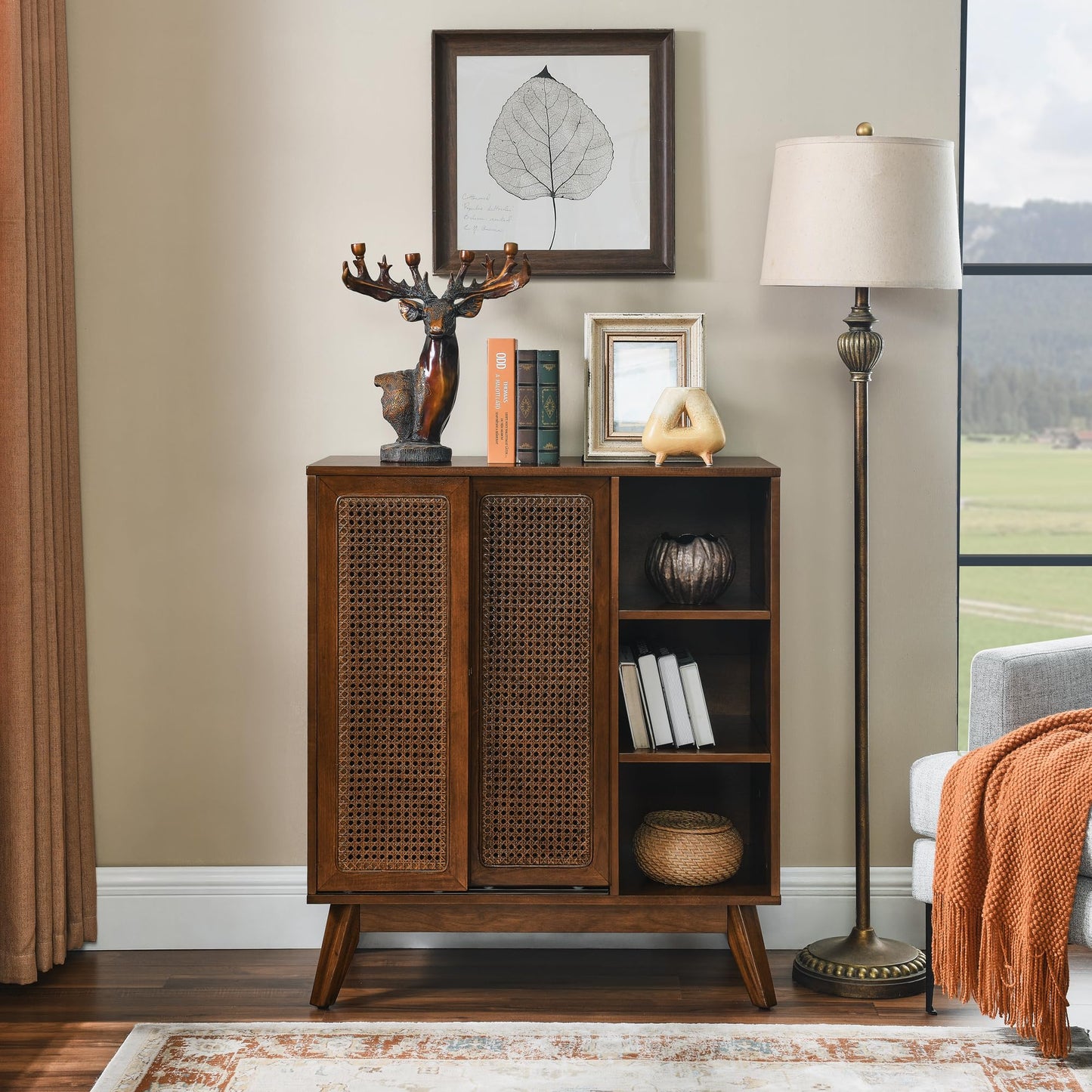 LKTART Mid Century Modern Storage Cabinet with Rattan Sliding Doors and Open Shelves, Boho Style Wooden Sideboard Buffet for Living Room,Dark Walnut