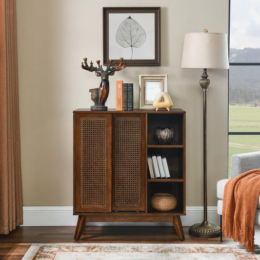 LKTART Mid Century Modern Storage Cabinet with Rattan Sliding Doors and Open Shelves, Boho Style Wooden Sideboard Buffet for Living Room,Dark Walnut