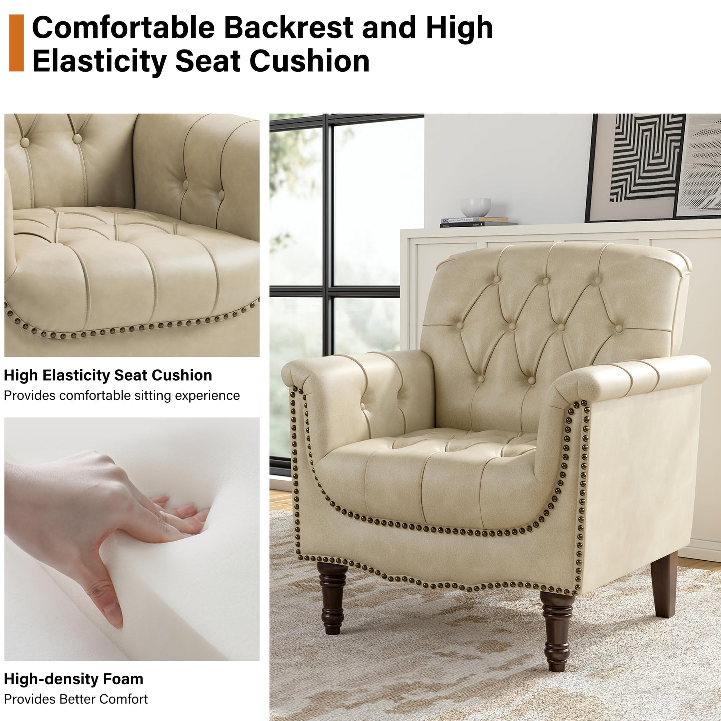 Faux Leather Club Chair, Retro Upholstered Armchair Accent Chair with Solid Wood Legs & Nailhead Trim for Living Room, Bedroom, Reading Room, Camel