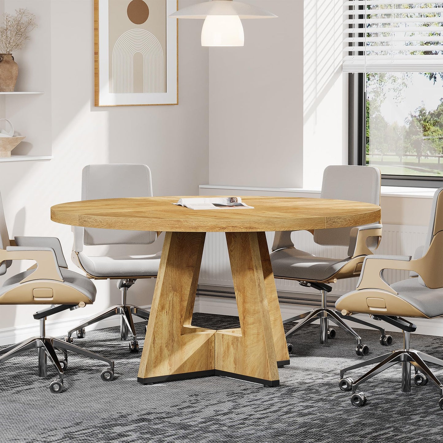 Tribesigns 47-Inch Round Conference Table for 4-6 People, Wooden Meeting Room Table with Thicken Tabletop and Wood Base (Grey)