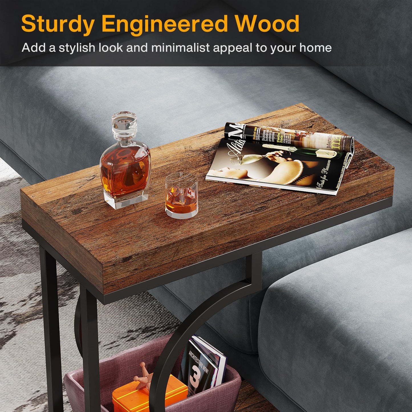 Tribesigns Narrow Side Table for Couch, C Shaped End Table with Metal Frame, Modern Bedside Tables, Small Sofa Tables for Small Spaces, Living Room (1, Brown+Black)