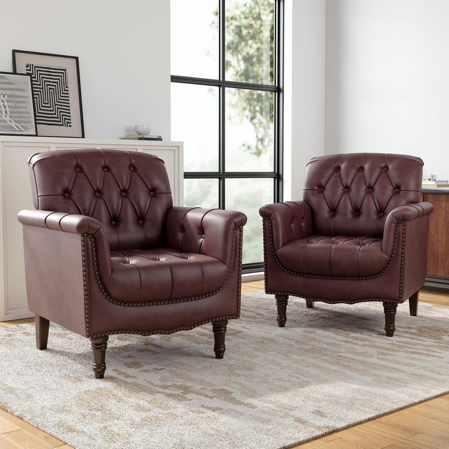 Faux Leather Club Chair, Retro Upholstered Armchair Accent Chair with Solid Wood Legs & Nailhead Trim for Living Room, Bedroom, Reading Room, Camel