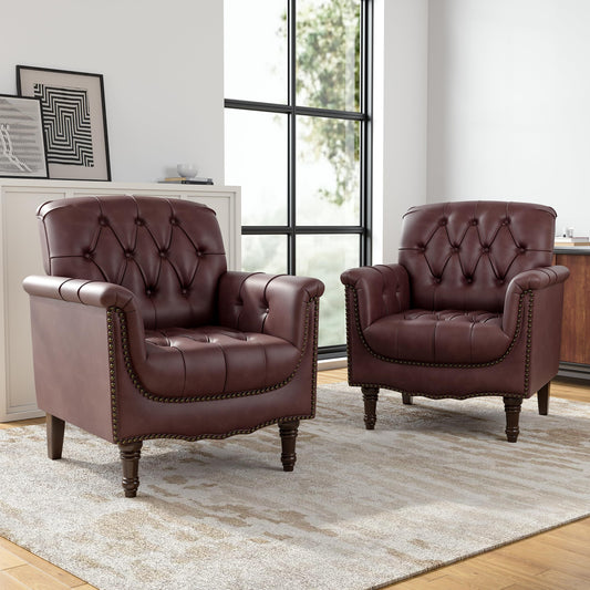 Faux Leather Club Chair, Retro Upholstered Armchair Accent Chair with Solid Wood Legs & Nailhead Trim for Living Room, Bedroom, Reading Room, Camel